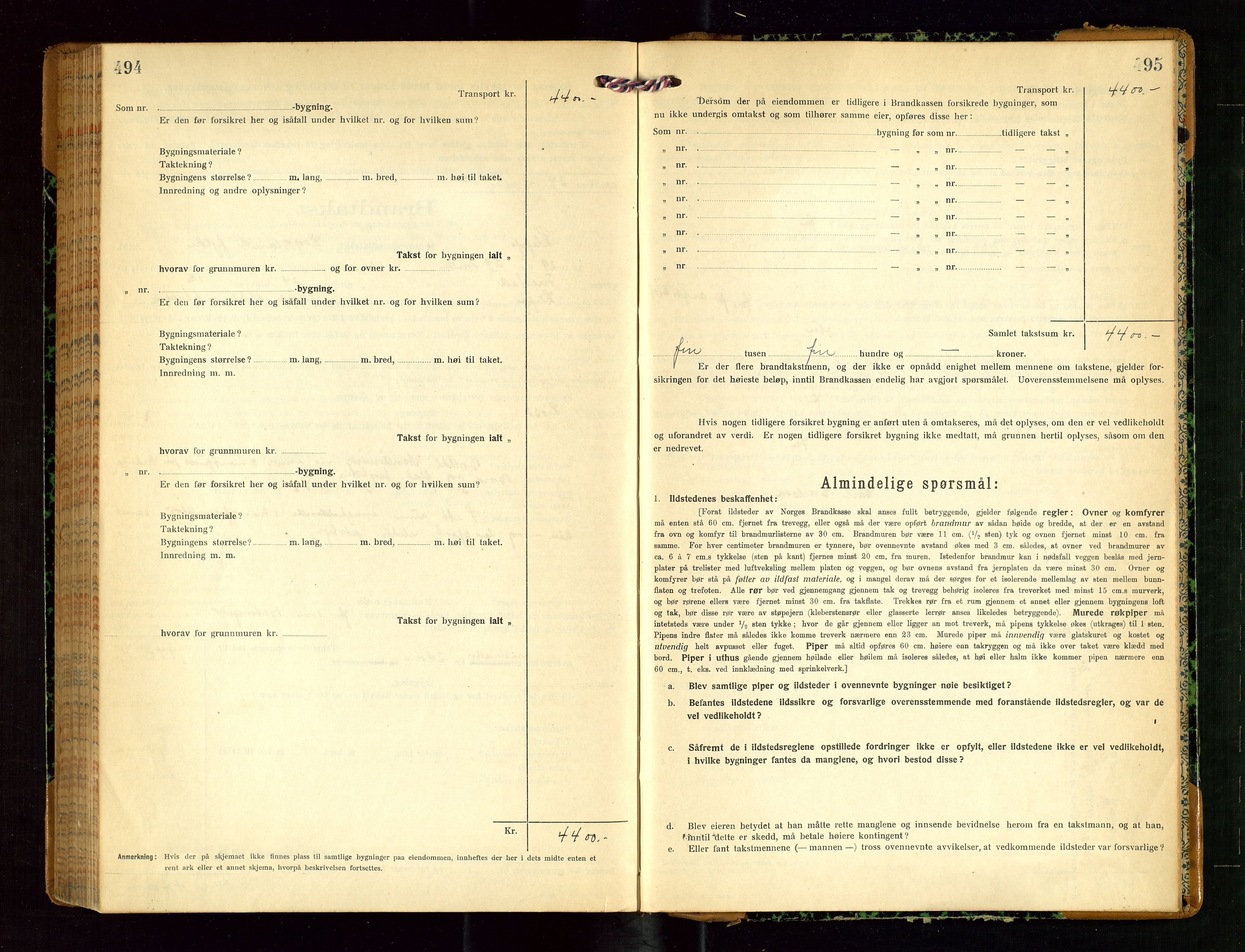 Klepp lensmannskontor, AV/SAST-A-100163/Goc/L0011: "Brandtakstprotokoll" m/register, 1924-1929, p. 494-495