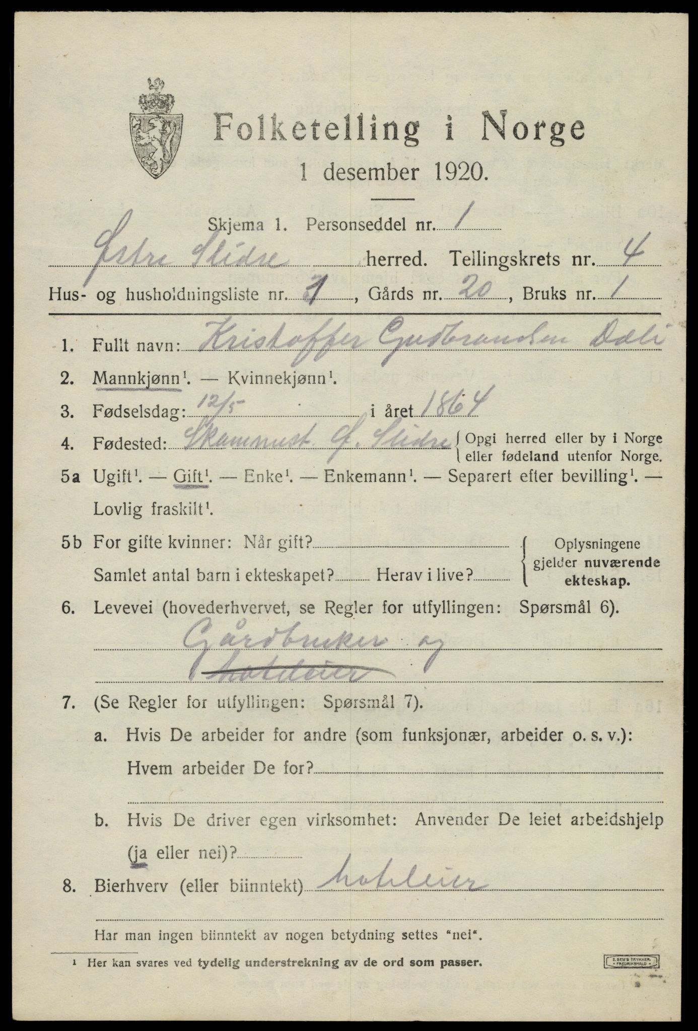 SAH, 1920 census for Øystre Slidre, 1920, p. 2433