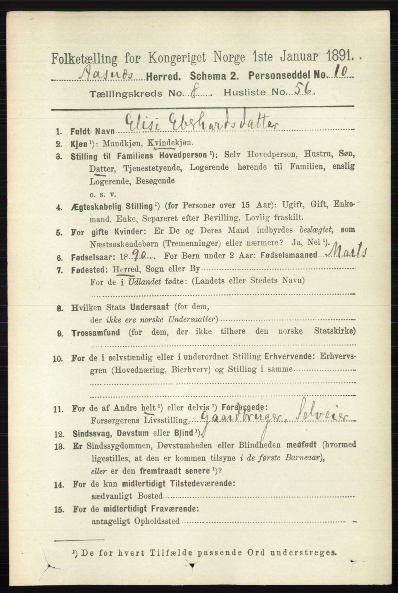 RA, 1891 census for 0425 Åsnes, 1891, p. 4539