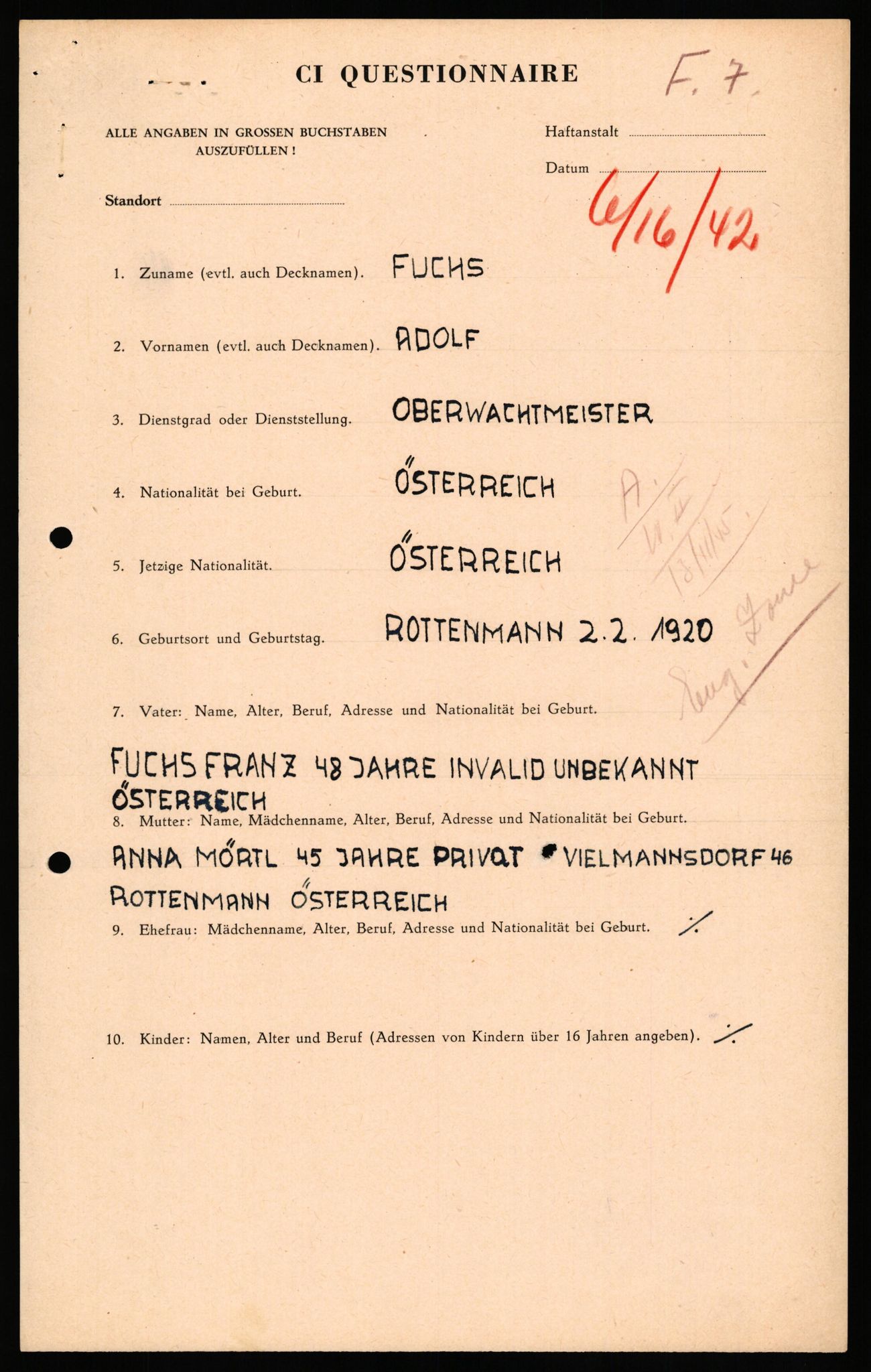 Forsvaret, Forsvarets overkommando II, RA/RAFA-3915/D/Db/L0038: CI Questionaires. Tyske okkupasjonsstyrker i Norge. Østerrikere., 1945-1946, p. 318