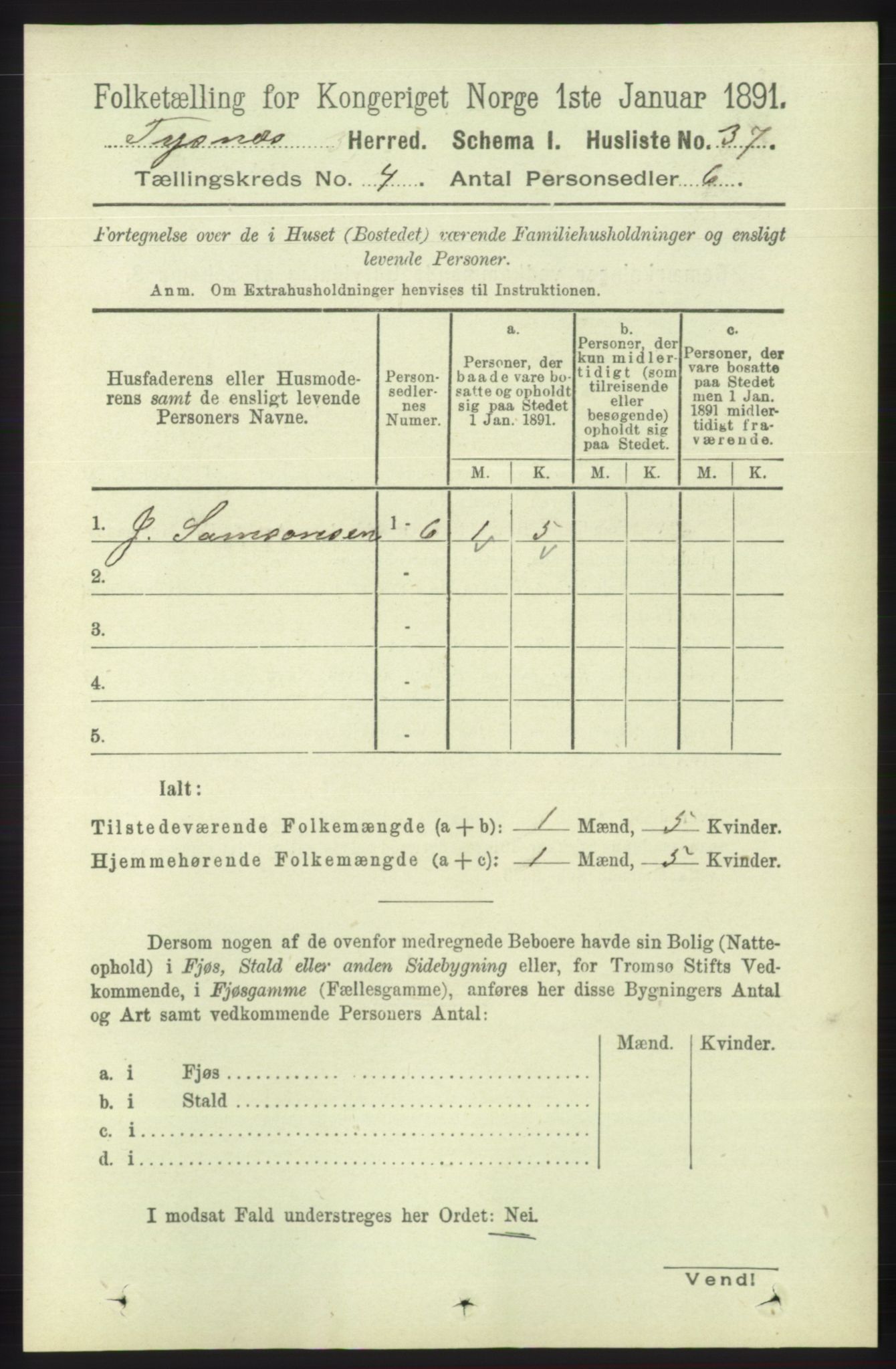 RA, 1891 census for 1223 Tysnes, 1891, p. 1516