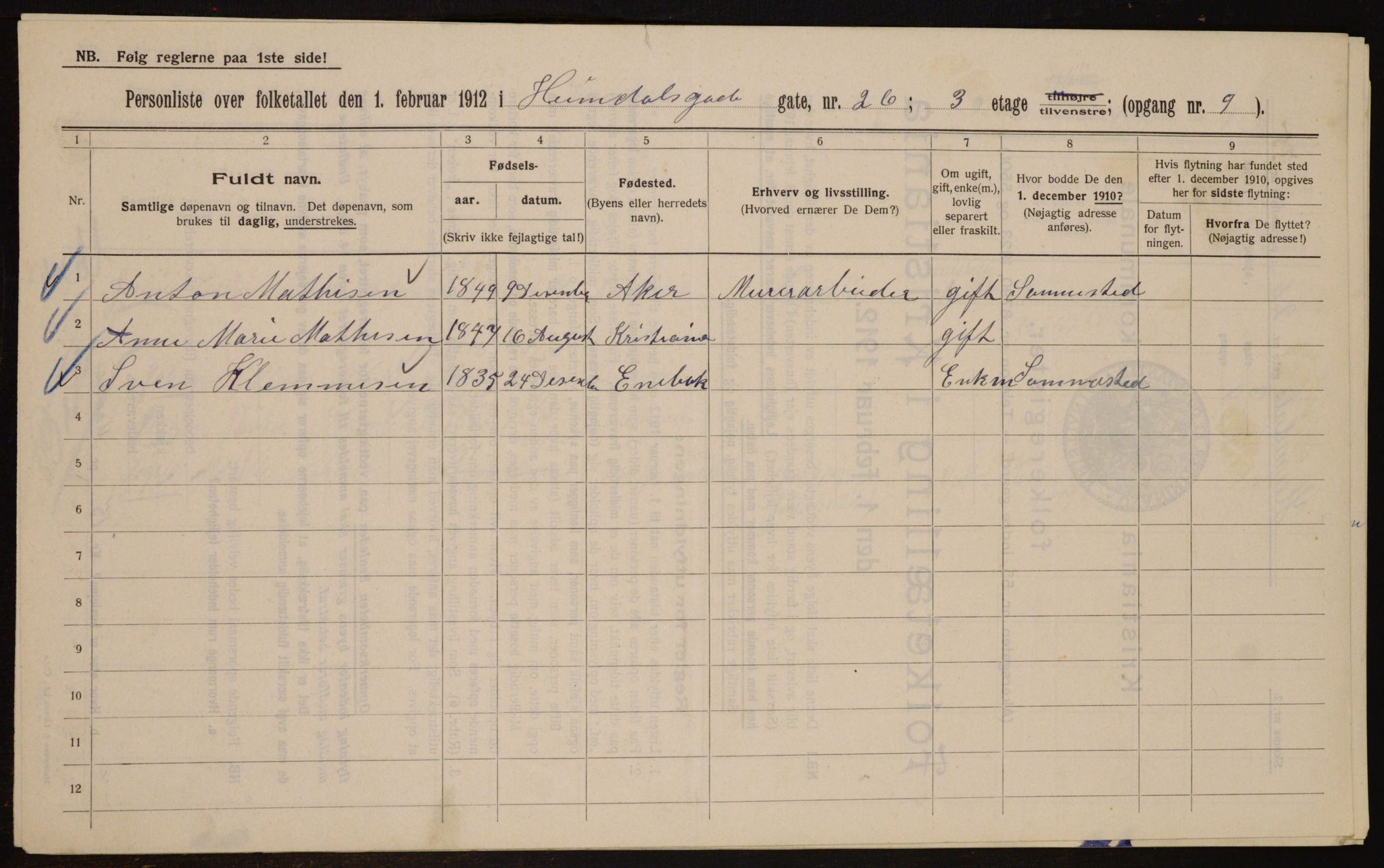 OBA, Municipal Census 1912 for Kristiania, 1912, p. 37273