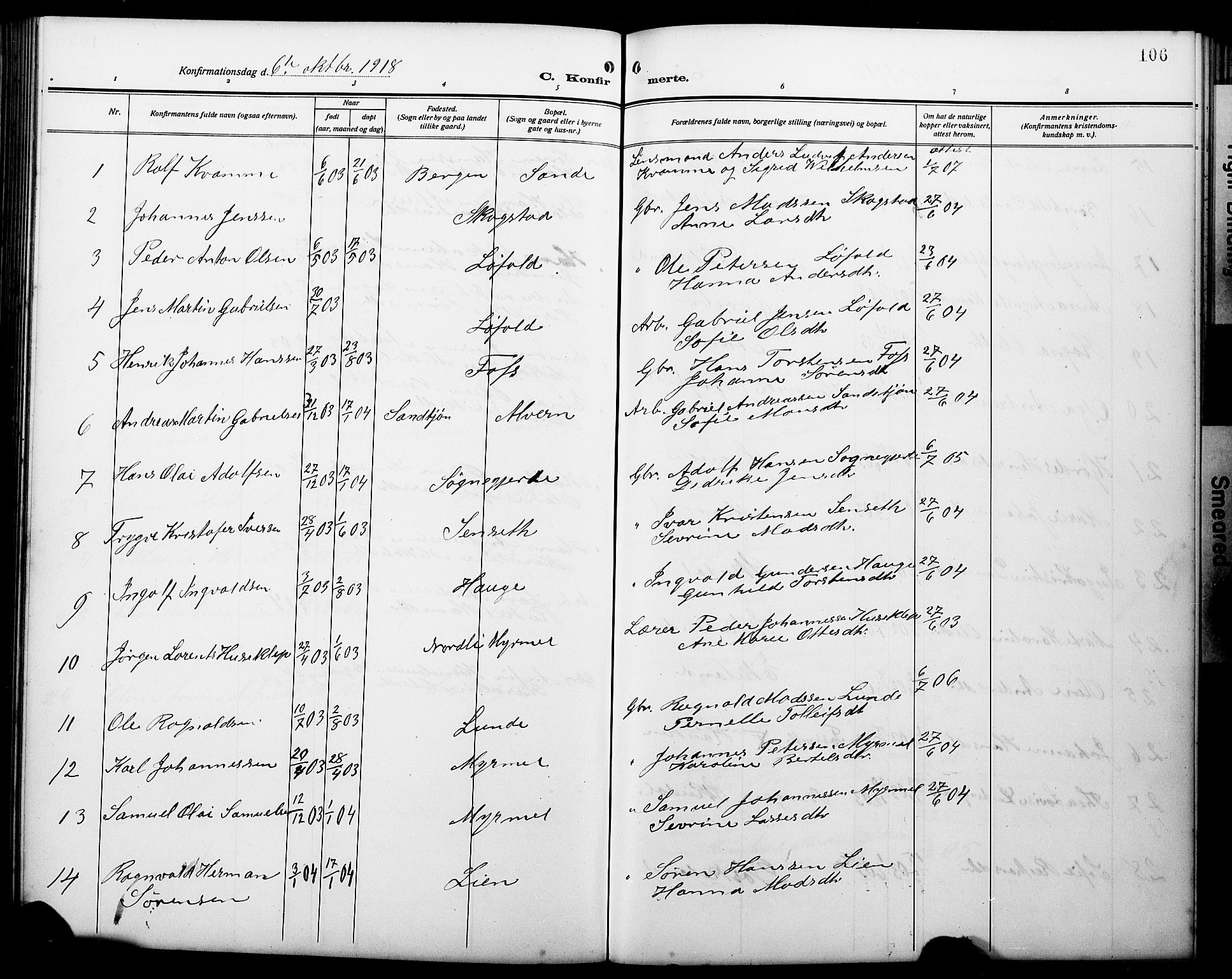 Gaular sokneprestembete, AV/SAB-A-80001/H/Hab: Parish register (copy) no. A 5, 1912-1930, p. 106