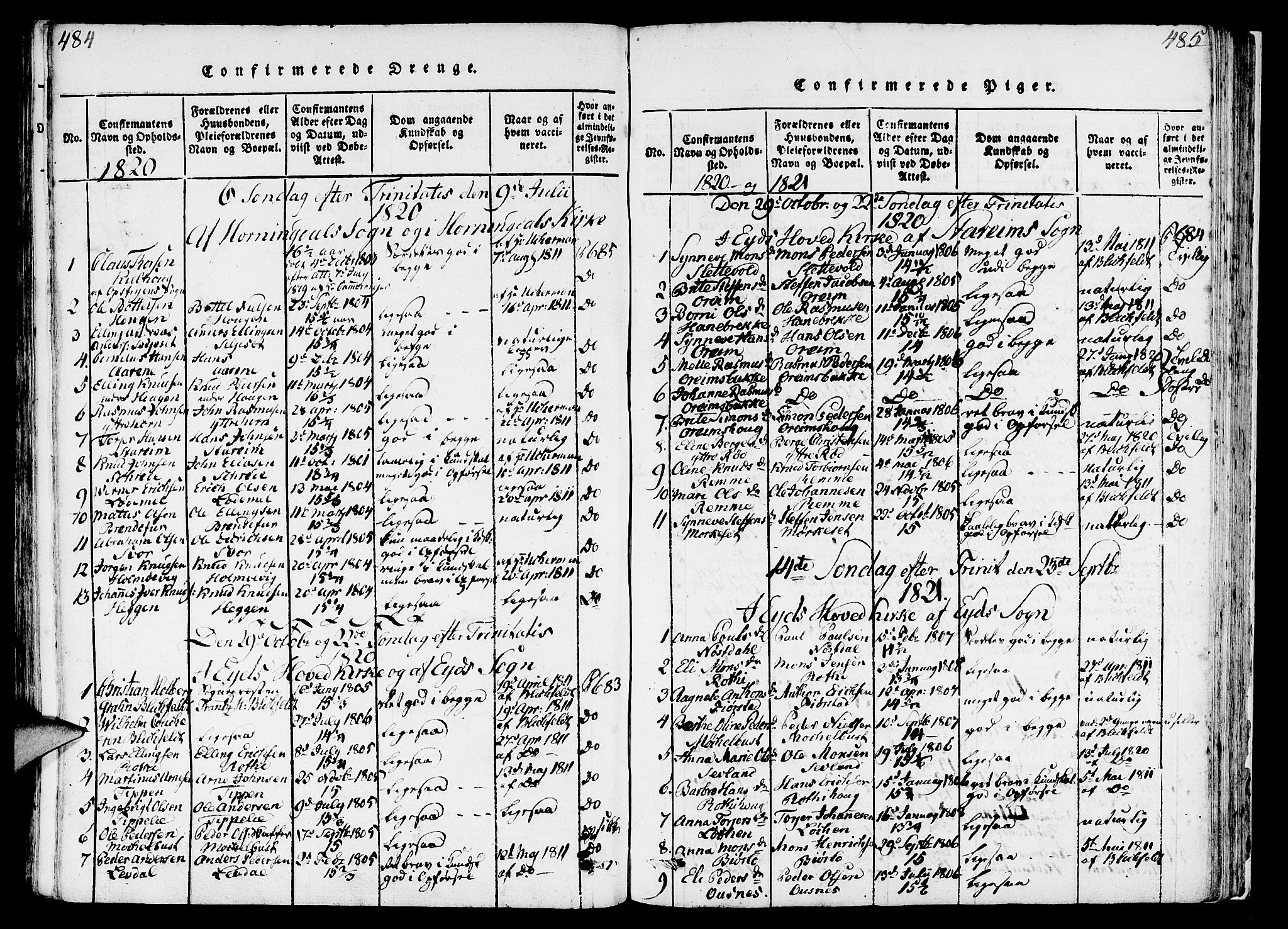 Eid sokneprestembete, SAB/A-82301/H/Haa/Haaa/L0005: Parish register (official) no. A 5, 1816-1830, p. 484-485