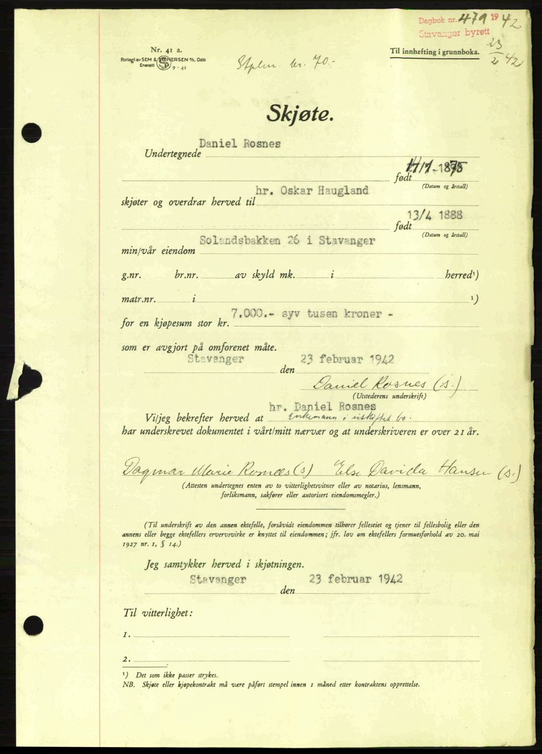 Stavanger byrett, SAST/A-100455/002/G/Gb/L0017: Mortgage book no. A7, 1941-1943, Diary no: : 479/1942