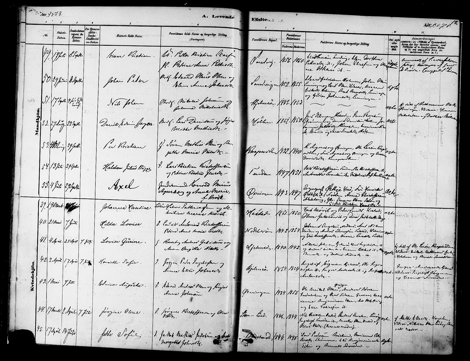 Ministerialprotokoller, klokkerbøker og fødselsregistre - Nordland, AV/SAT-A-1459/834/L0507: Parish register (official) no. 834A05, 1878-1892, p. 12