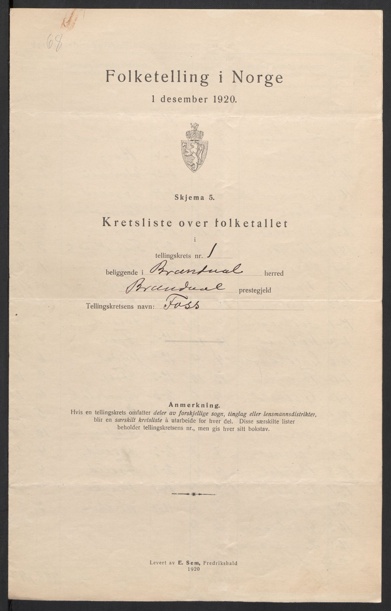 SAH, 1920 census for Brandval, 1920, p. 8