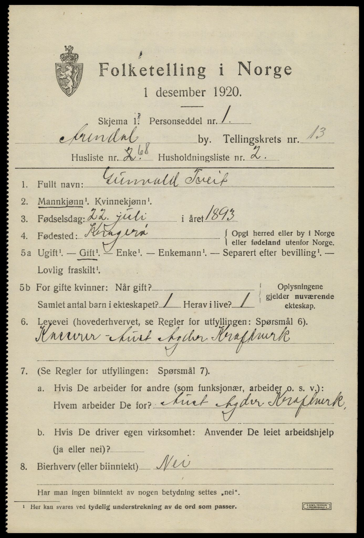 SAK, 1920 census for Arendal, 1920, p. 21034