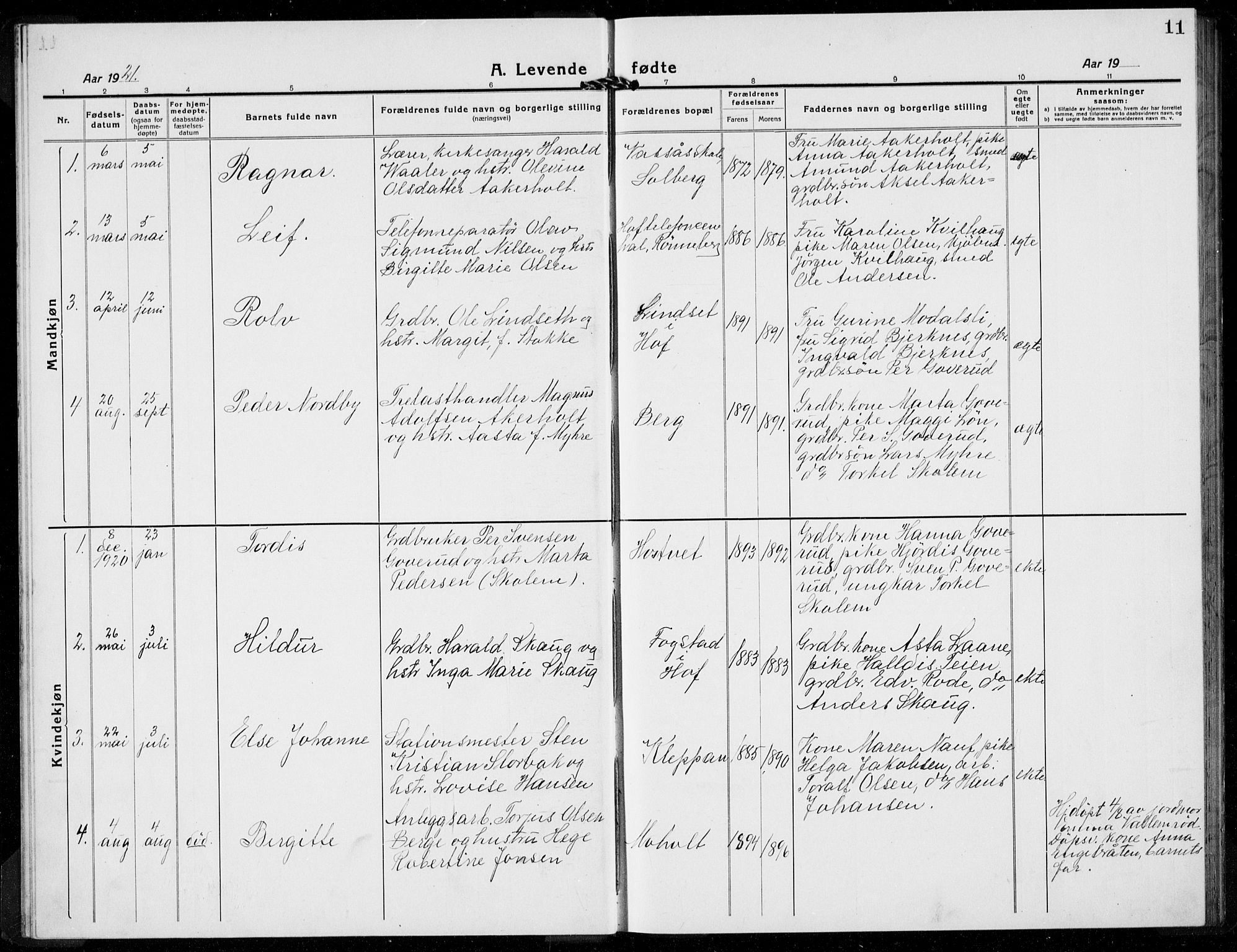 Hof kirkebøker, SAKO/A-64/G/Gb/L0004: Parish register (copy) no. II 4, 1917-1934, p. 11