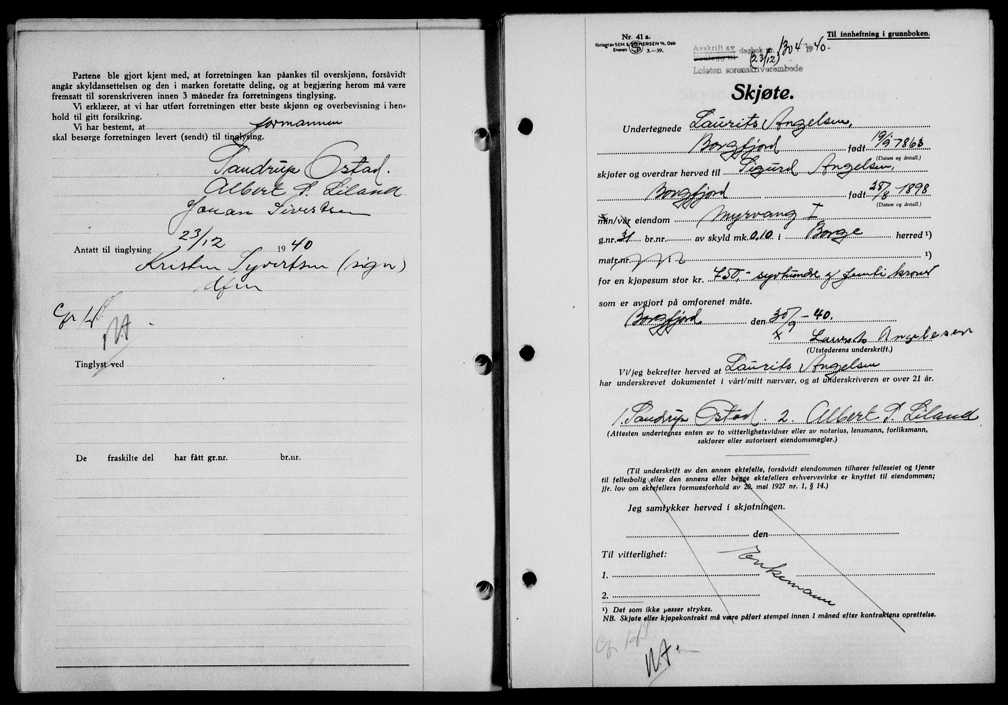 Lofoten sorenskriveri, SAT/A-0017/1/2/2C/L0008a: Mortgage book no. 8a, 1940-1941, Diary no: : 1304/1940