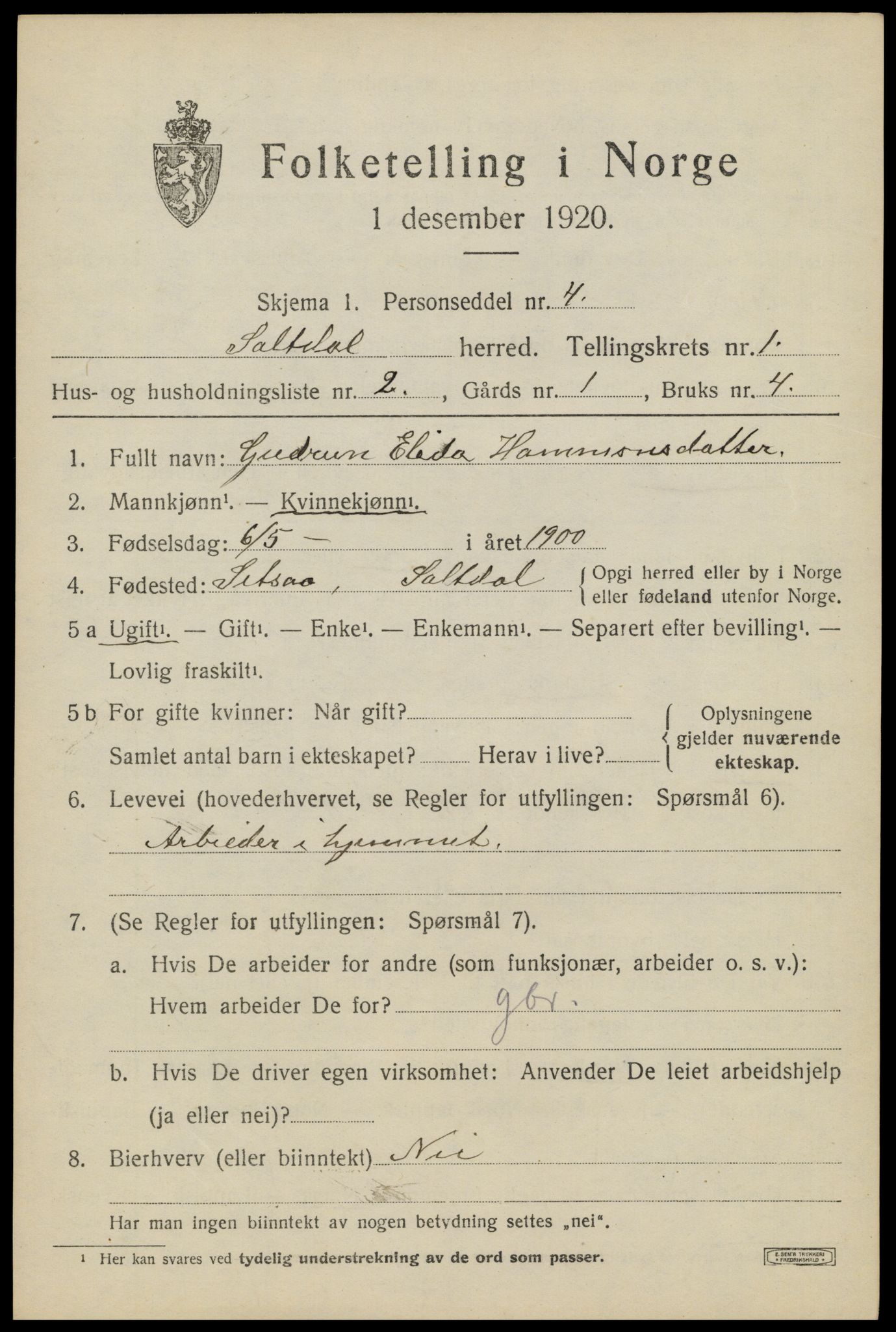 SAT, 1920 census for Saltdal, 1920, p. 1249