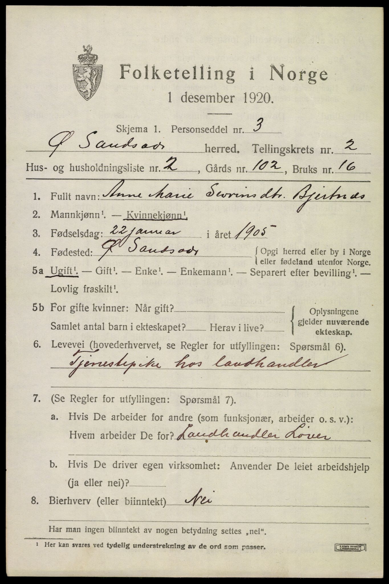 SAKO, 1920 census for Øvre Sandsvær, 1920, p. 1608
