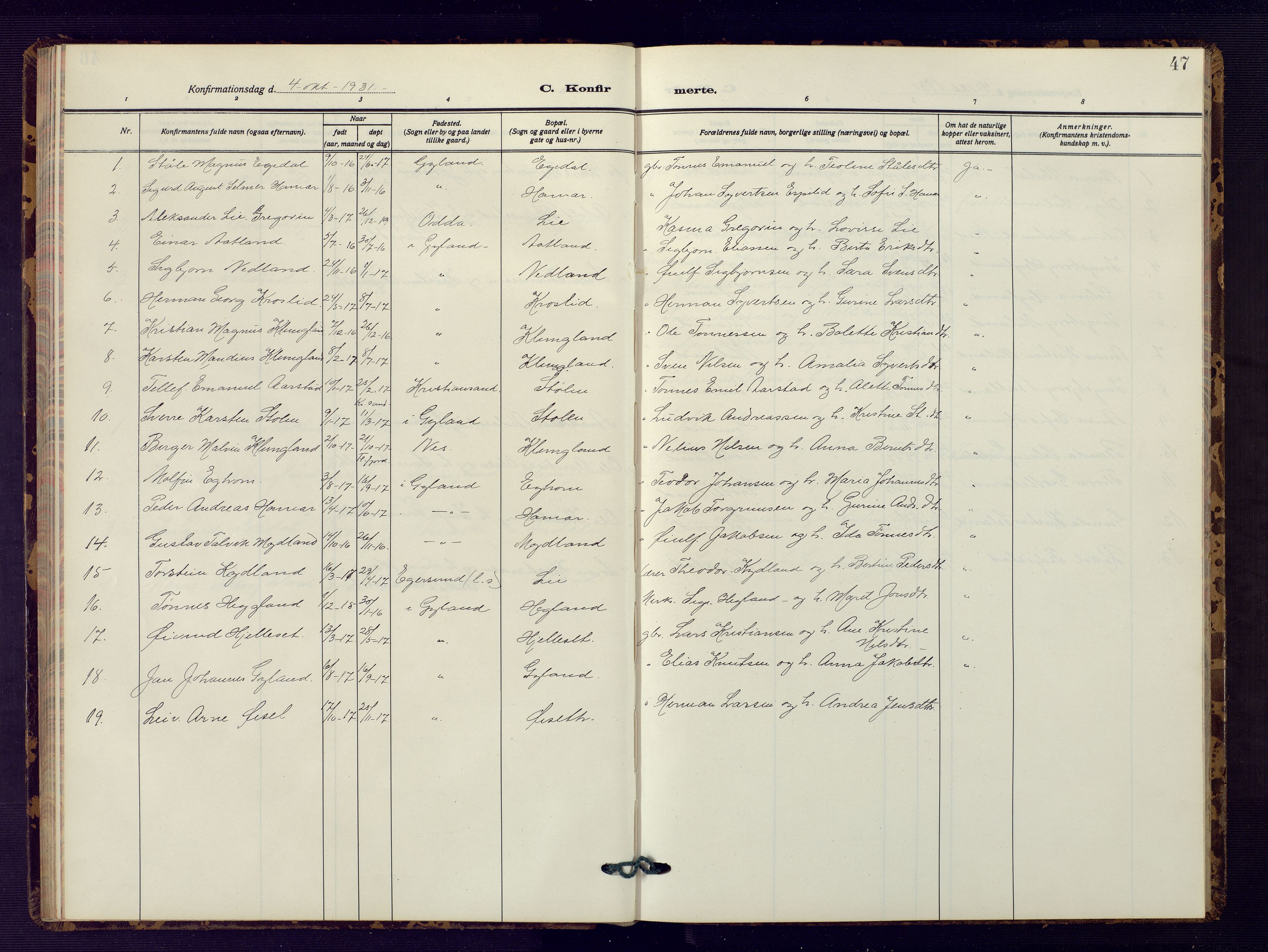 Bakke sokneprestkontor, SAK/1111-0002/F/Fb/Fbb/L0005: Parish register (copy) no. B 5, 1927-1947, p. 47