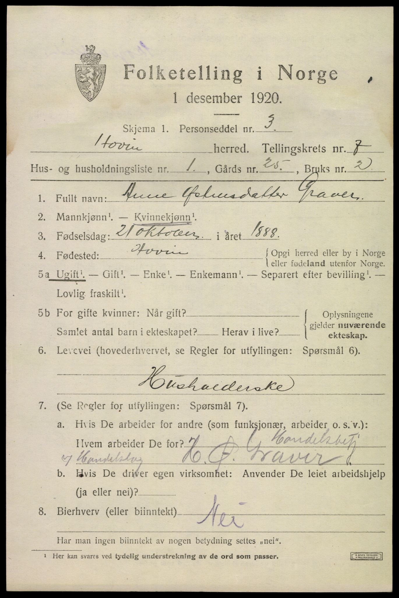 SAKO, 1920 census for Hovin, 1920, p. 1695