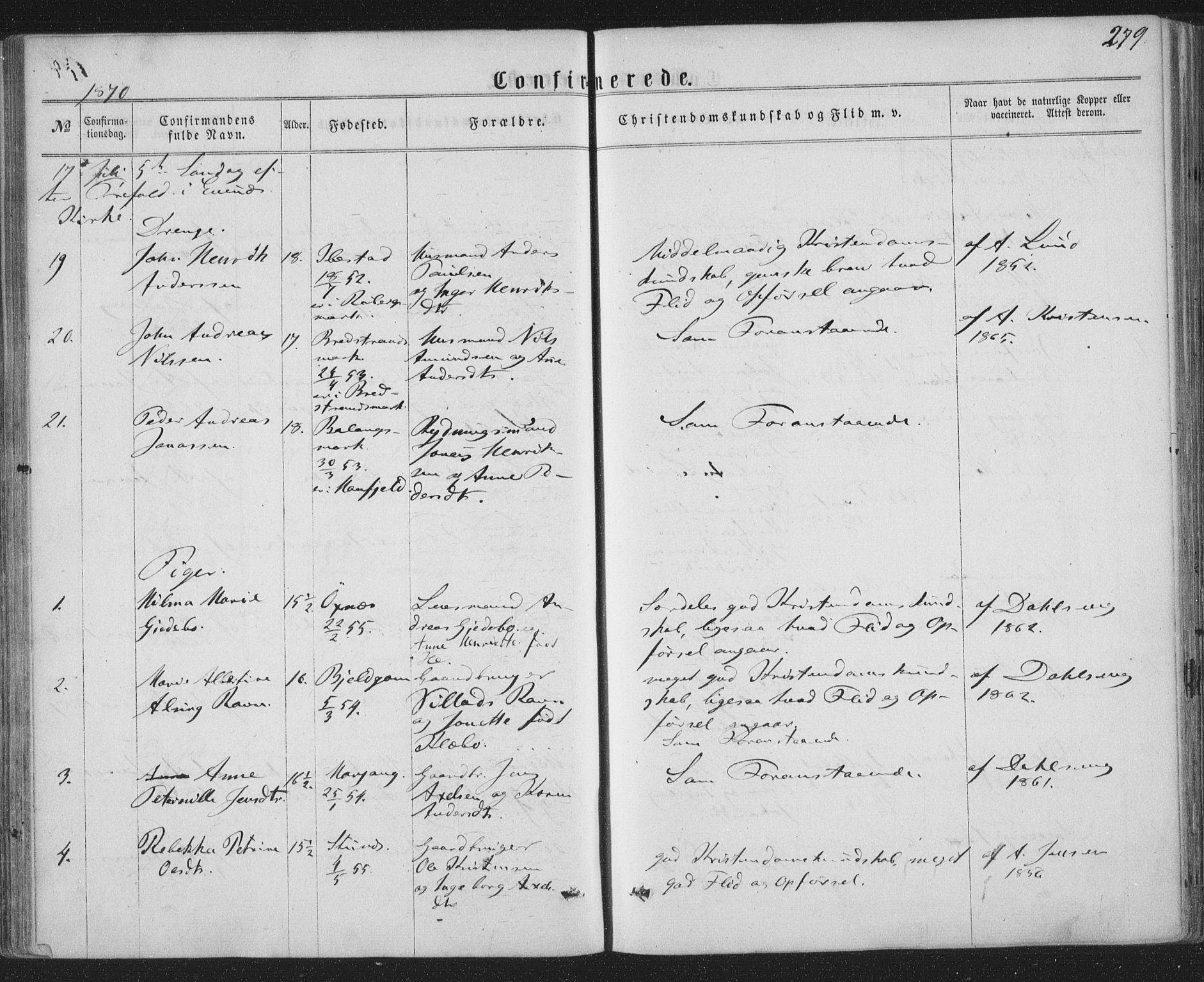 Ministerialprotokoller, klokkerbøker og fødselsregistre - Nordland, AV/SAT-A-1459/863/L0896: Parish register (official) no. 863A08, 1861-1871, p. 279