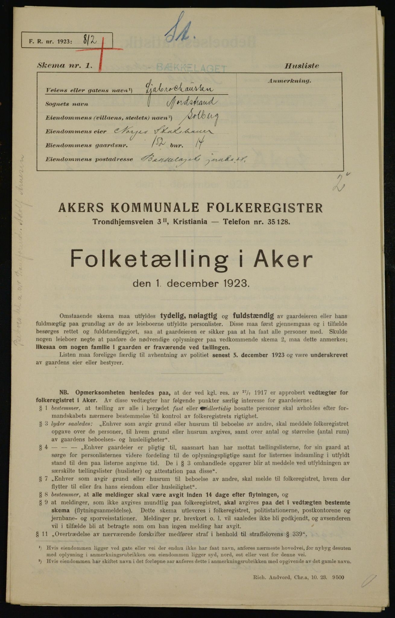 , Municipal Census 1923 for Aker, 1923, p. 41649