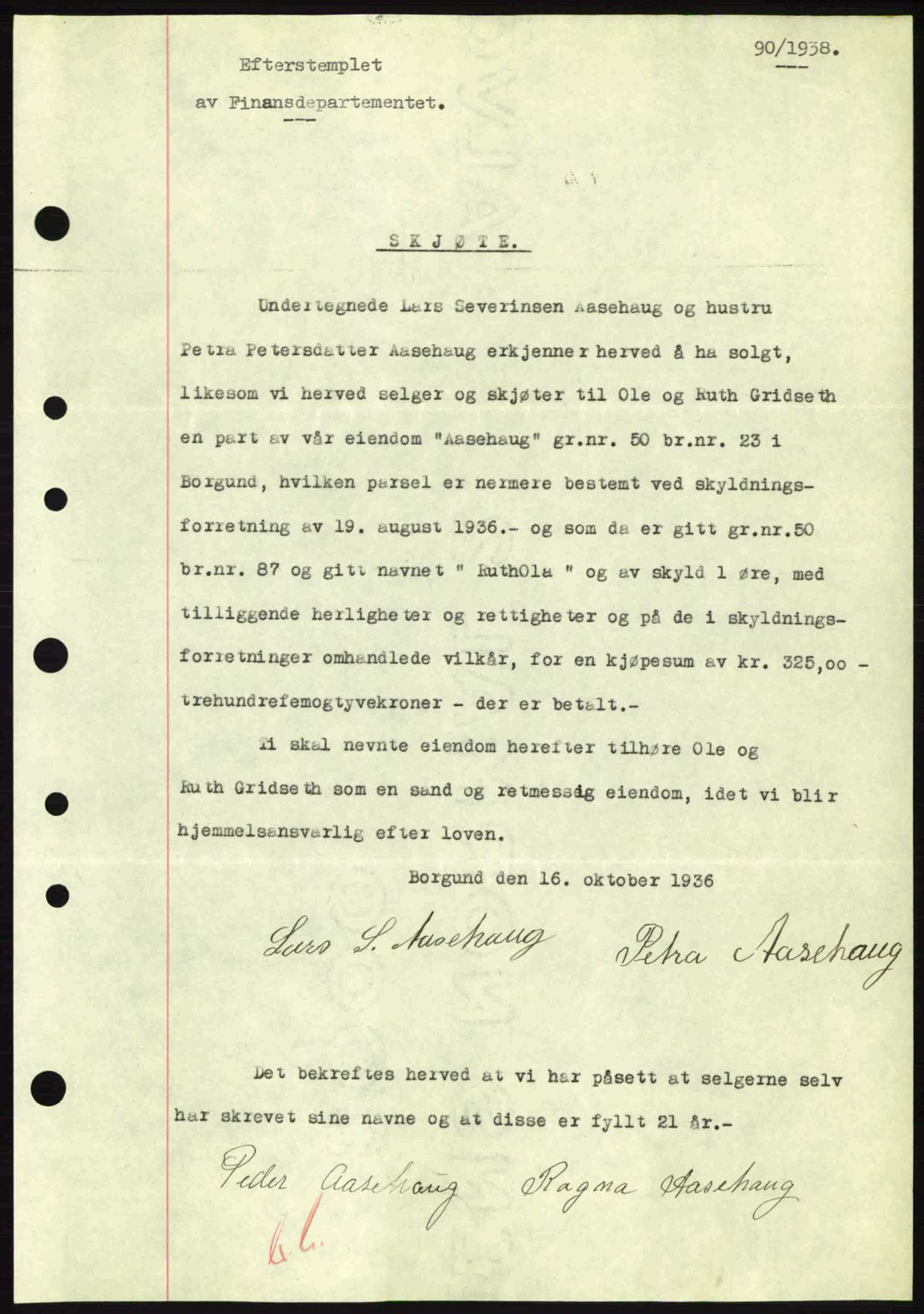 Nordre Sunnmøre sorenskriveri, AV/SAT-A-0006/1/2/2C/2Ca: Mortgage book no. A4, 1937-1938, Diary no: : 90/1938