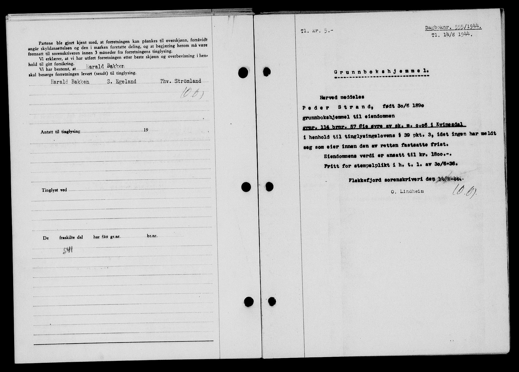 Flekkefjord sorenskriveri, SAK/1221-0001/G/Gb/Gba/L0059: Mortgage book no. A-7, 1944-1945, Diary no: : 555/1944