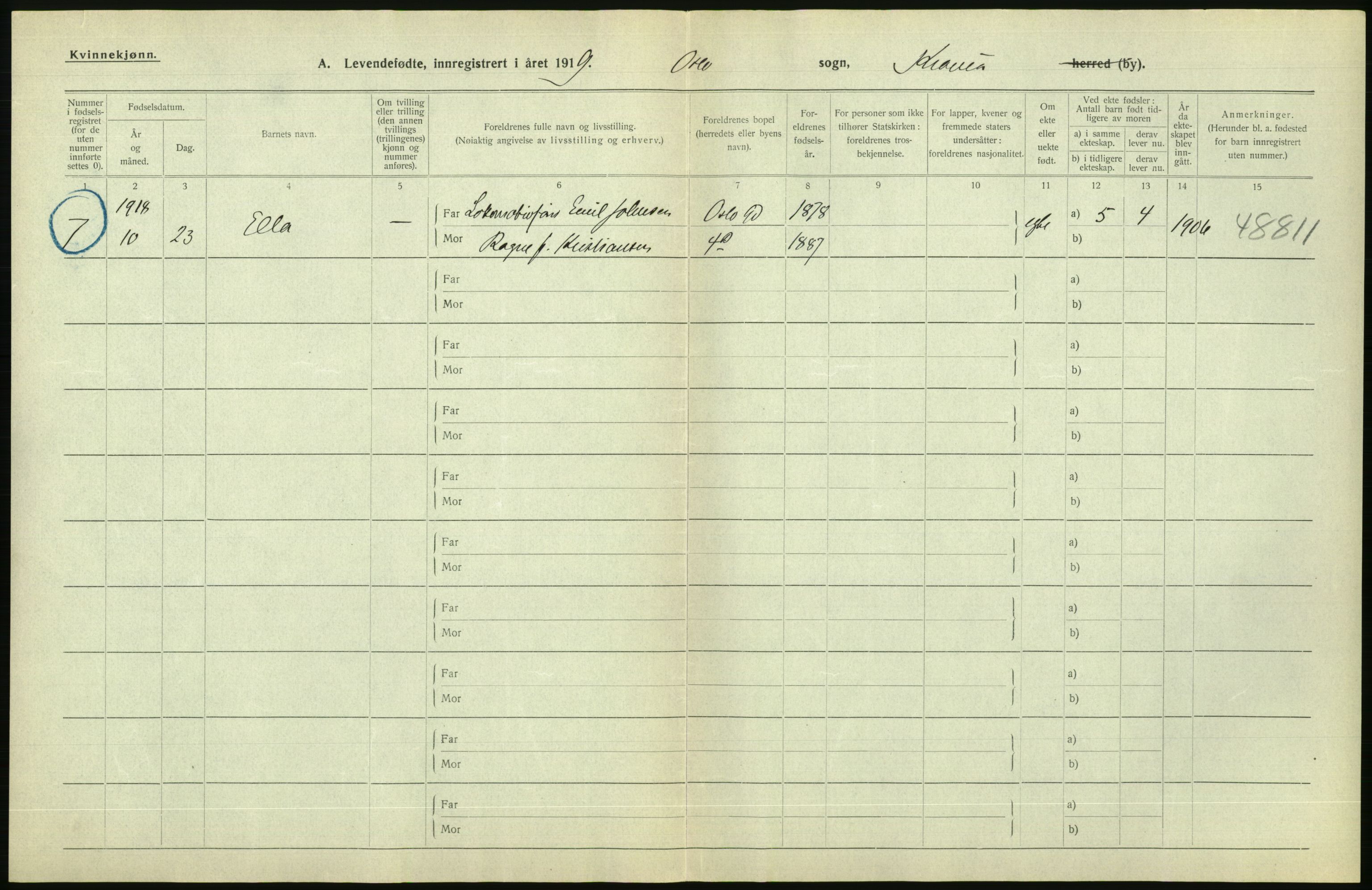 Statistisk sentralbyrå, Sosiodemografiske emner, Befolkning, AV/RA-S-2228/D/Df/Dfb/Dfbi/L0008: Kristiania: Levendefødte menn og kvinner., 1919