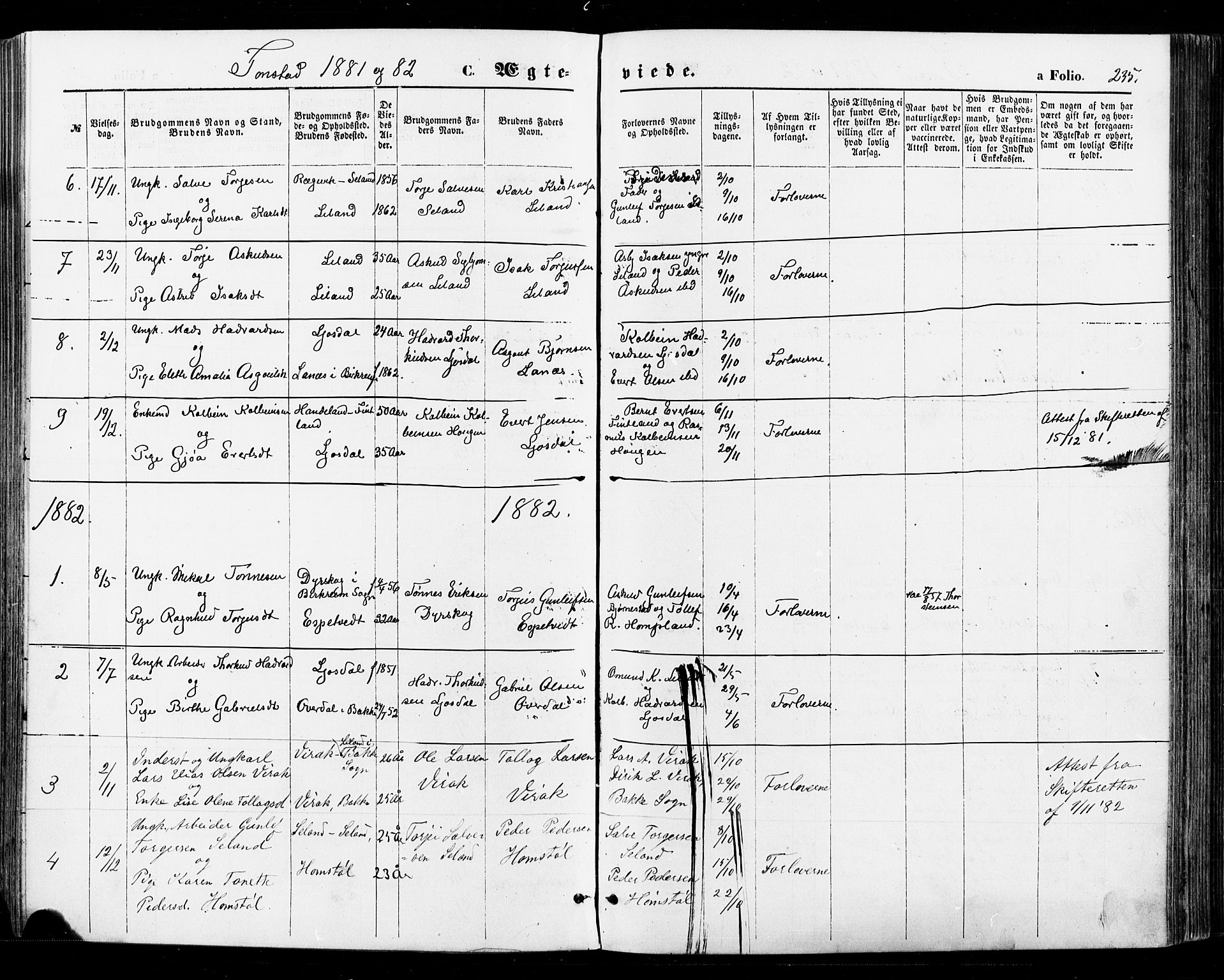 Sirdal sokneprestkontor, SAK/1111-0036/F/Fa/Fab/L0003: Parish register (official) no. A 3, 1874-1886, p. 235