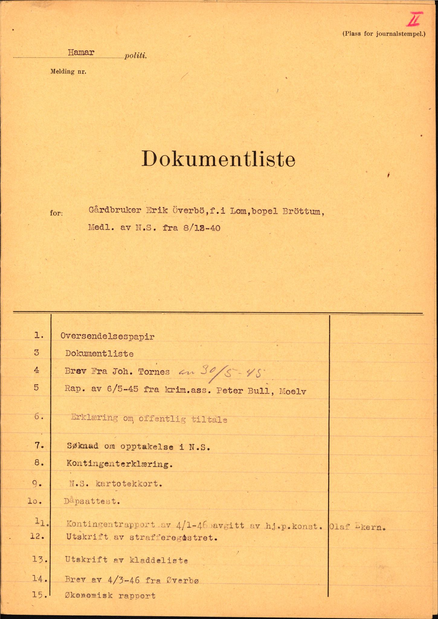 Landssvikarkivet, Hamar politikammer, AV/RA-S-3138-09/D/Dd, 1945-1946, p. 2