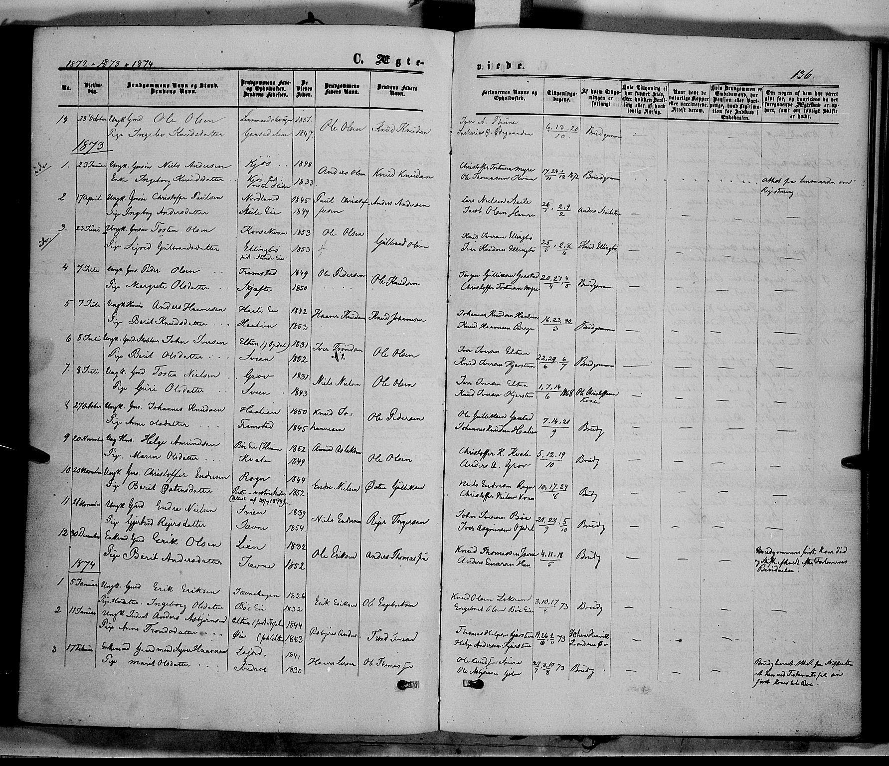 Vang prestekontor, Valdres, AV/SAH-PREST-140/H/Ha/L0007: Parish register (official) no. 7, 1865-1881, p. 136