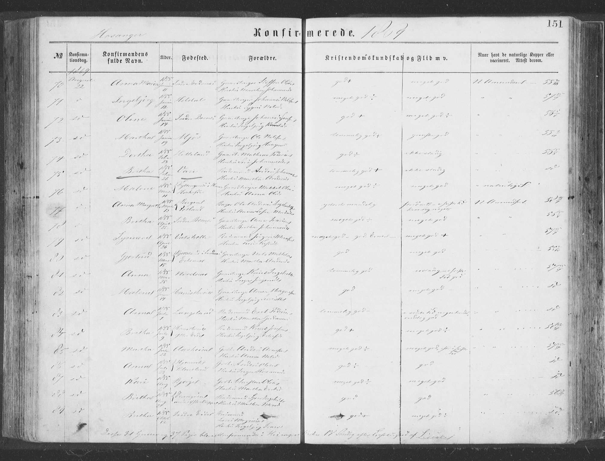 Hosanger sokneprestembete, SAB/A-75801/H/Haa: Parish register (official) no. A 9, 1864-1876, p. 152
