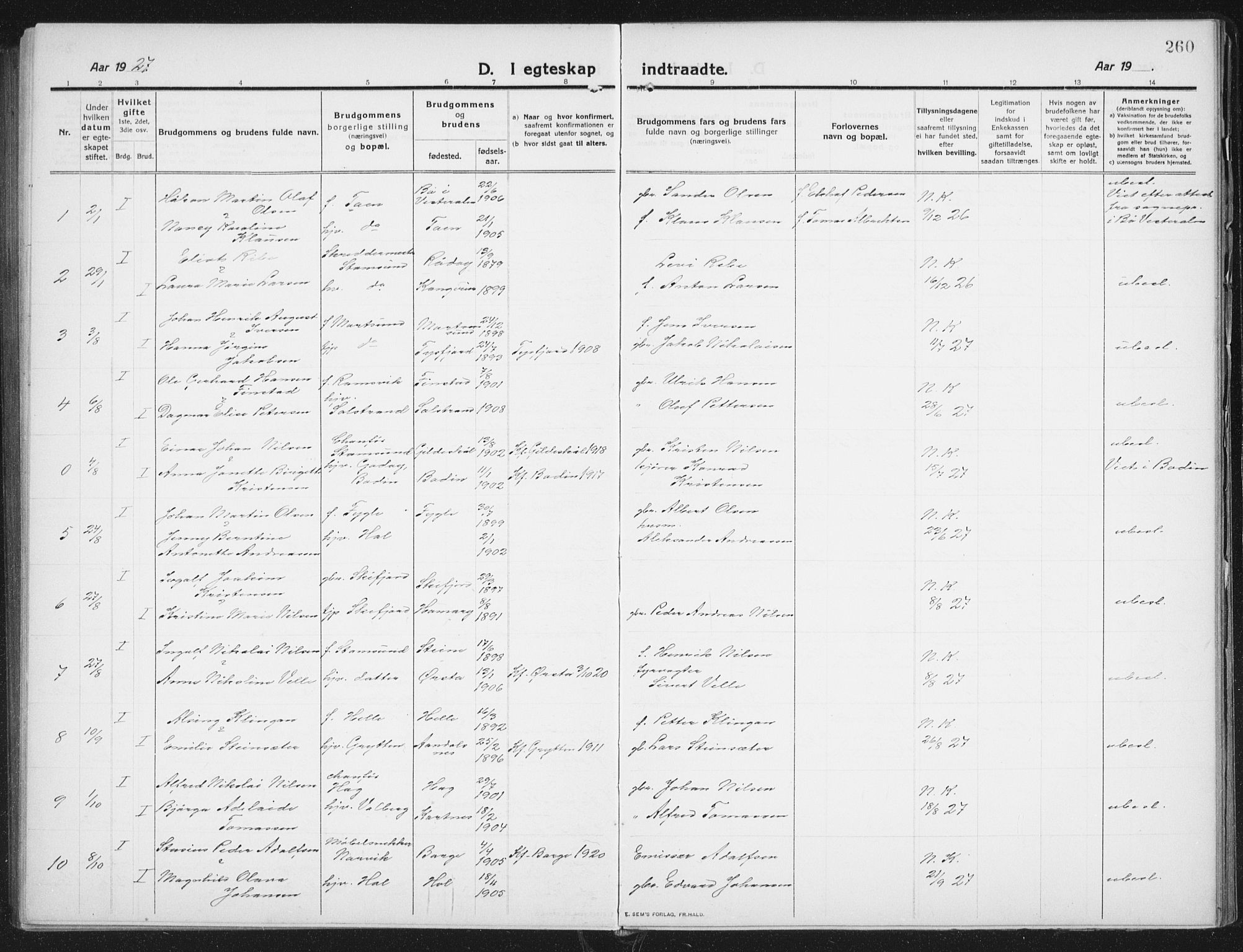 Ministerialprotokoller, klokkerbøker og fødselsregistre - Nordland, AV/SAT-A-1459/882/L1183: Parish register (copy) no. 882C01, 1911-1938, p. 260