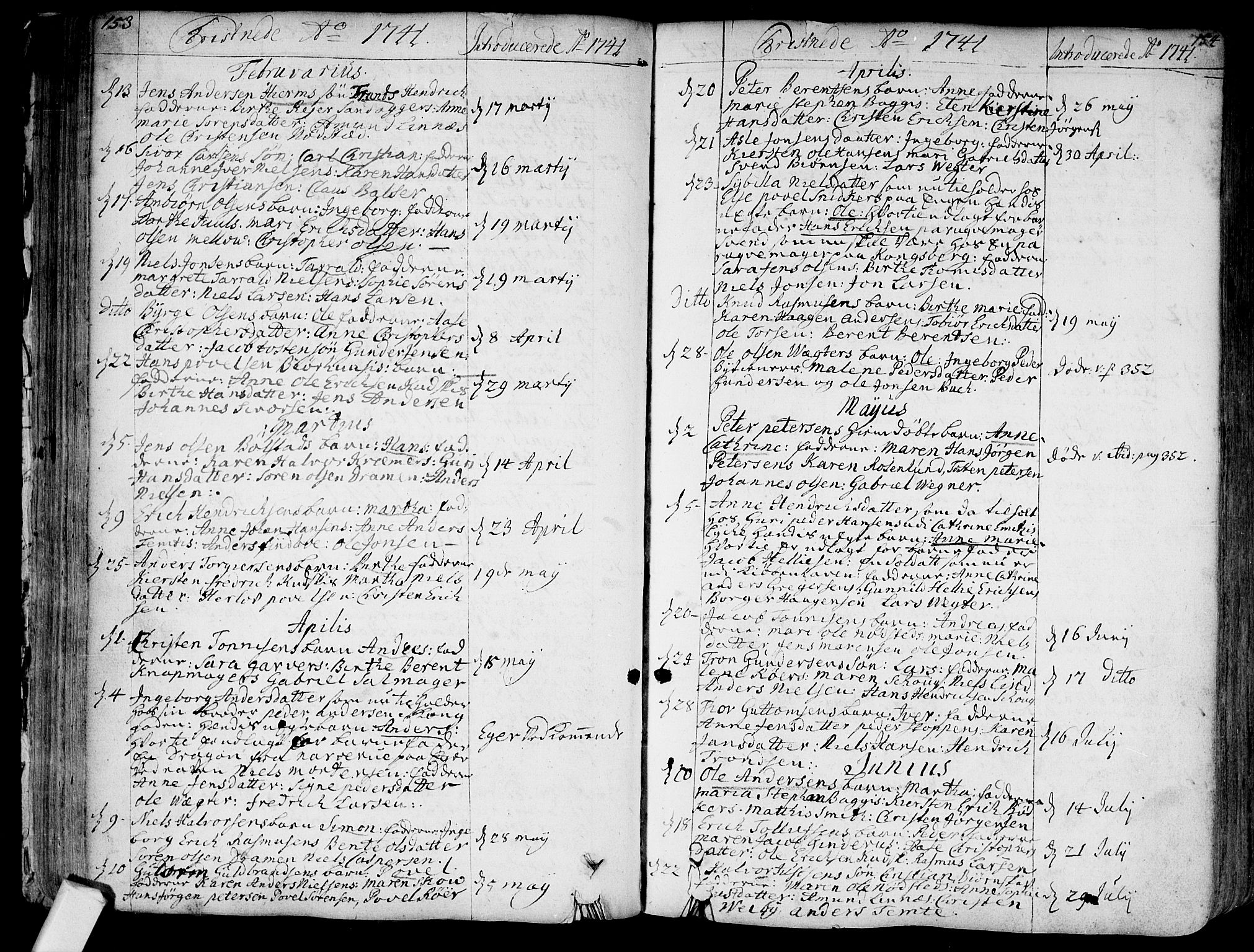 Bragernes kirkebøker, AV/SAKO-A-6/F/Fa/L0004: Parish register (official) no. I 4, 1734-1759, p. 153-154