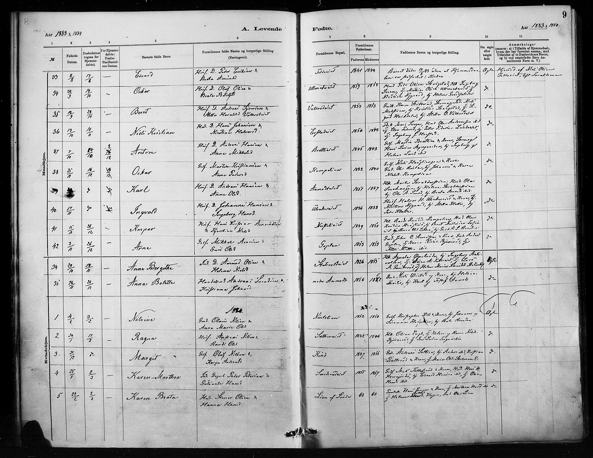 Nordre Land prestekontor, SAH/PREST-124/H/Ha/Haa/L0004: Parish register (official) no. 4, 1882-1896, p. 9
