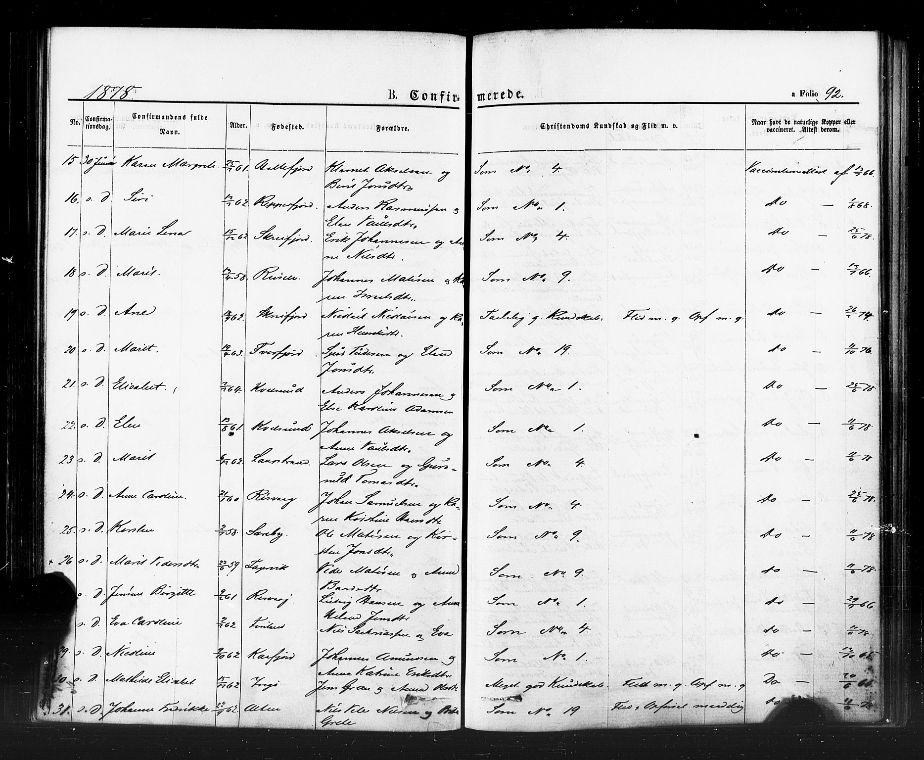 Hammerfest sokneprestkontor, AV/SATØ-S-1347/H/Ha/L0007.kirke: Parish register (official) no. 7, 1869-1884, p. 92