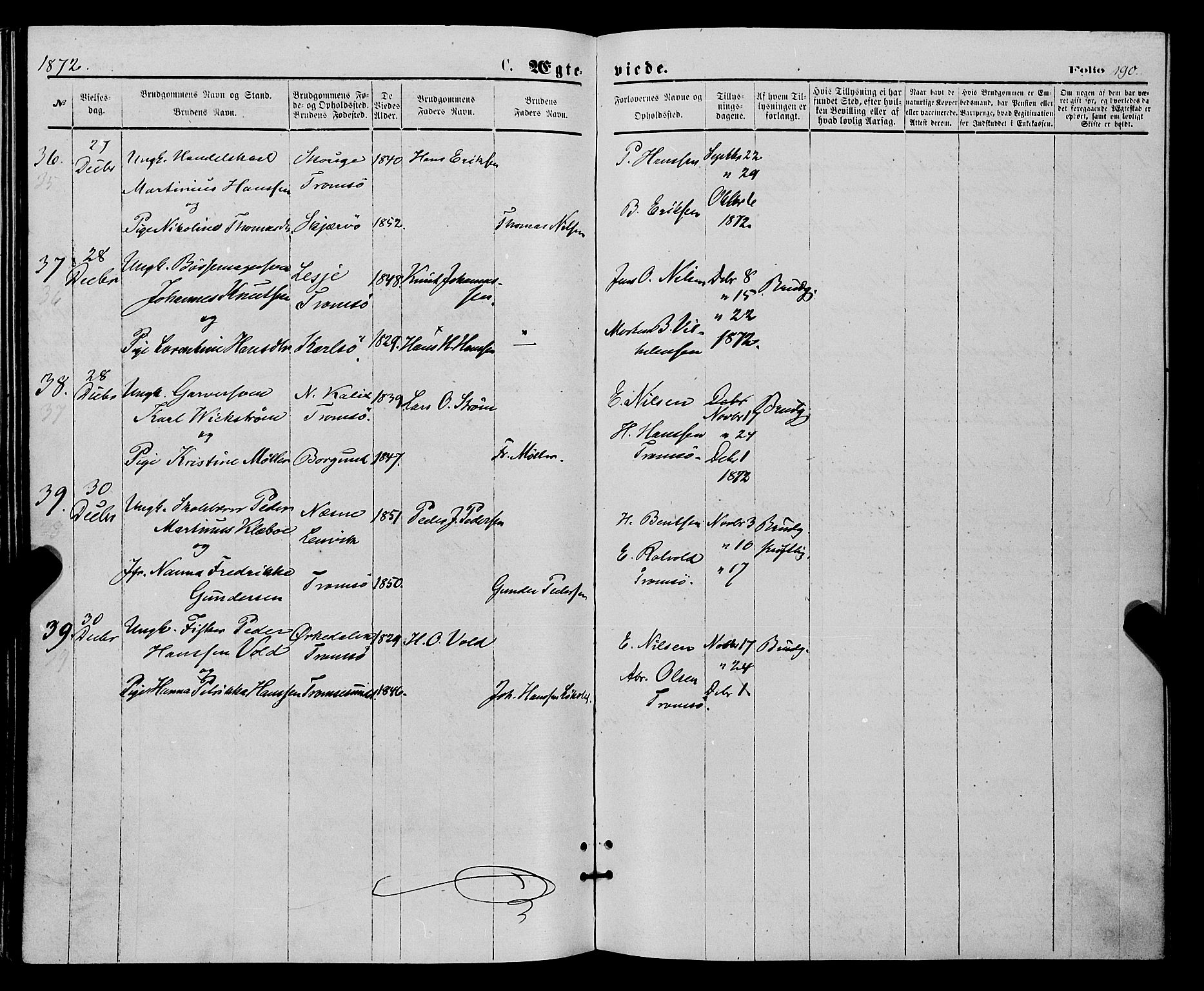 Tromsø sokneprestkontor/stiftsprosti/domprosti, SATØ/S-1343/G/Ga/L0013kirke: Parish register (official) no. 13, 1872-1877, p. 190