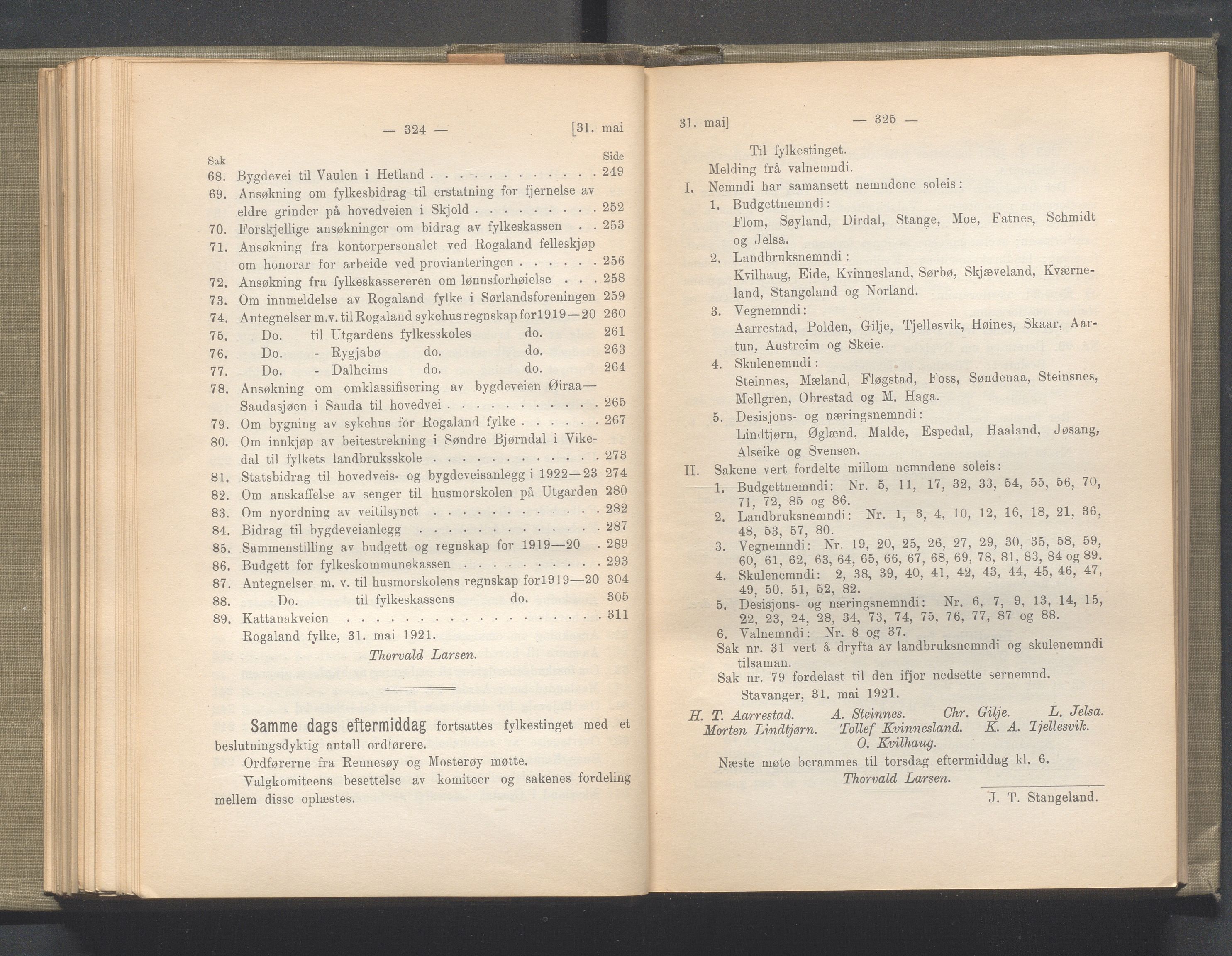 Rogaland fylkeskommune - Fylkesrådmannen , IKAR/A-900/A/Aa/Aaa/L0040: Møtebok , 1921, p. 324-325