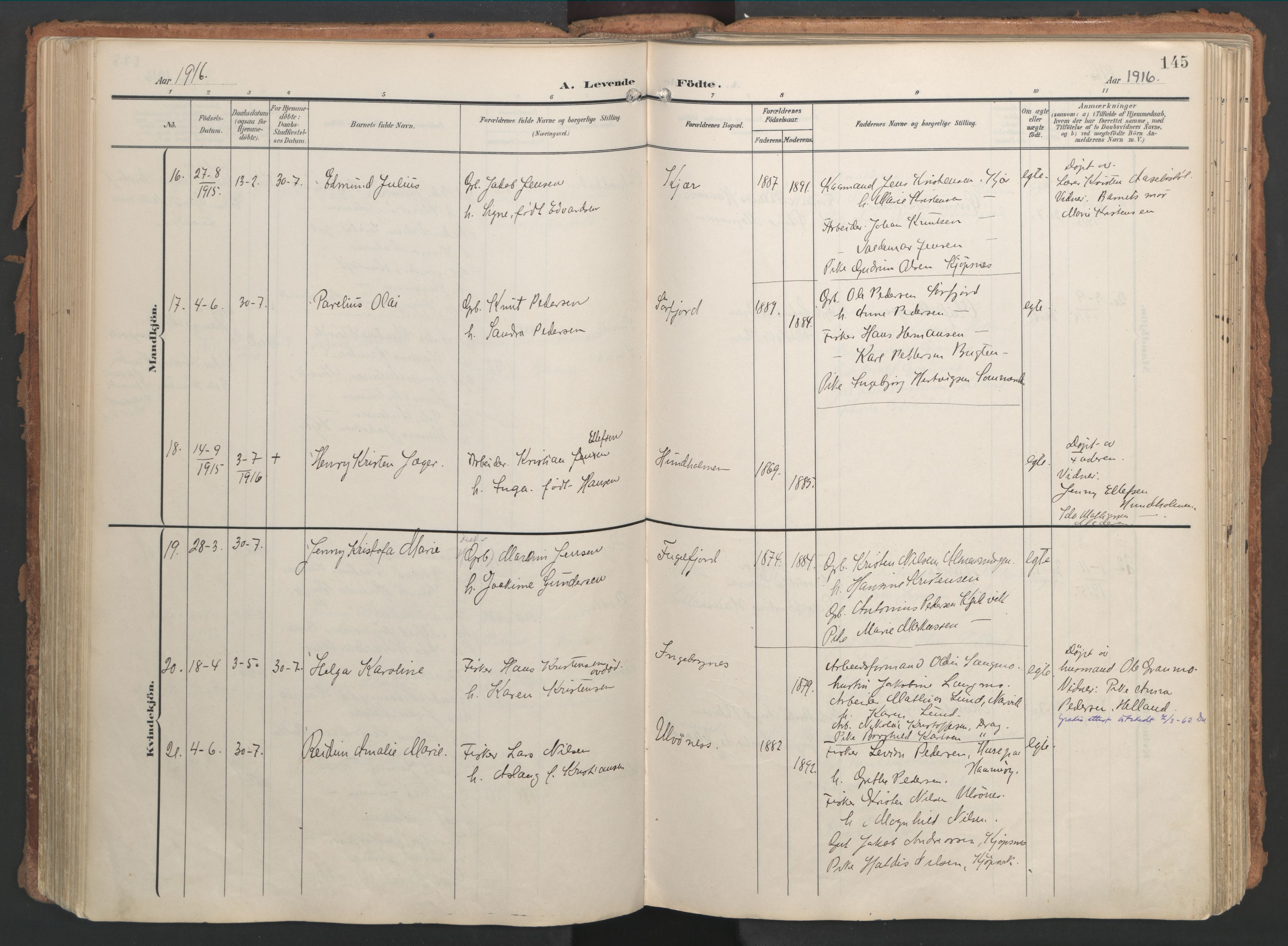 Ministerialprotokoller, klokkerbøker og fødselsregistre - Nordland, AV/SAT-A-1459/861/L0871: Parish register (official) no. 861A06, 1903-1916, p. 145