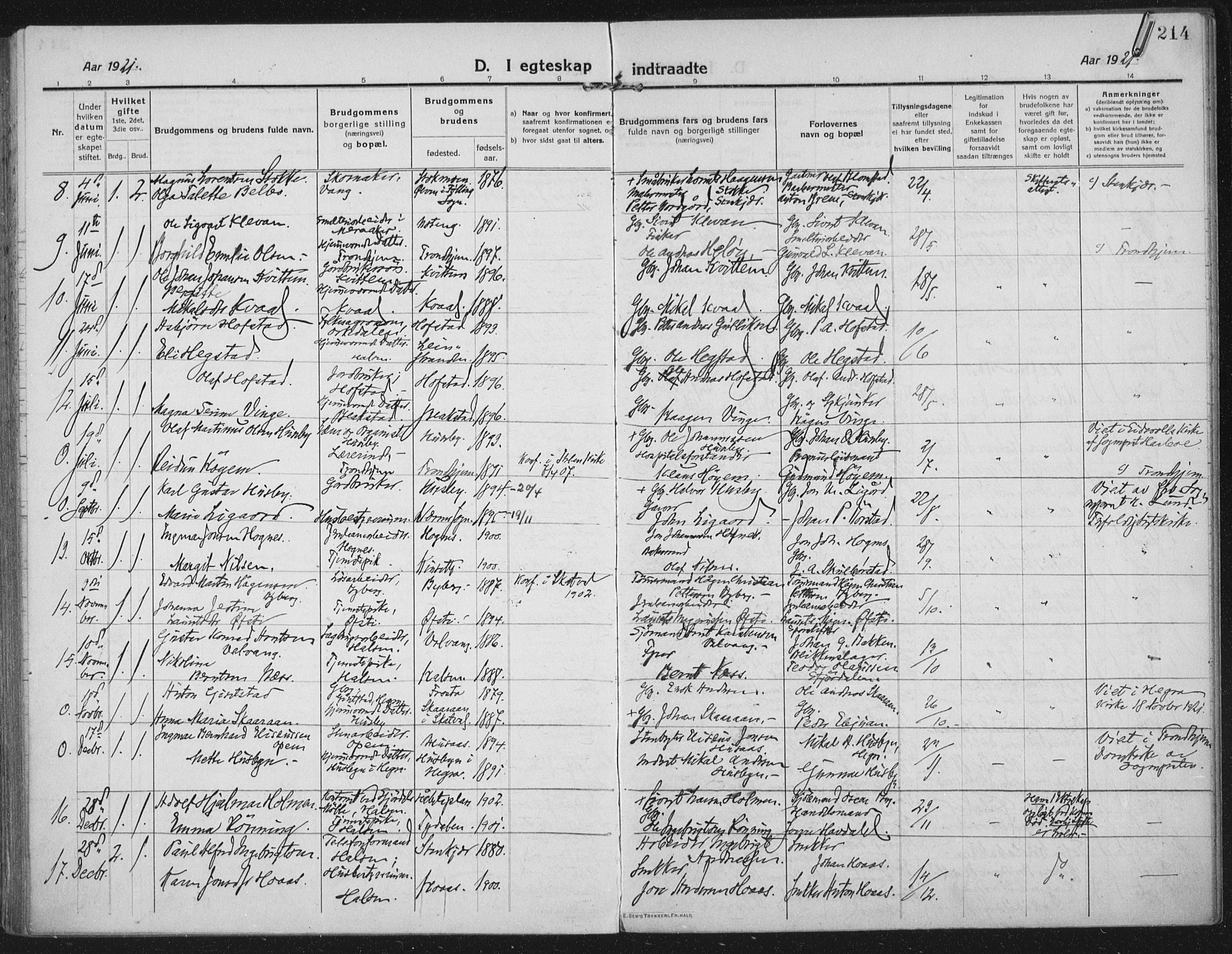 Ministerialprotokoller, klokkerbøker og fødselsregistre - Nord-Trøndelag, SAT/A-1458/709/L0083: Parish register (official) no. 709A23, 1916-1928, p. 214