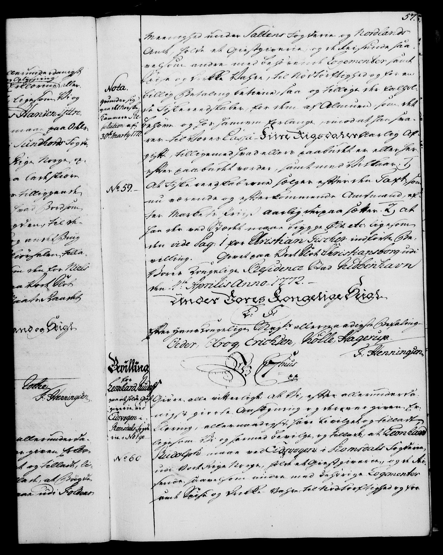 Rentekammeret, Kammerkanselliet, AV/RA-EA-3111/G/Gg/Gga/L0009: Norsk ekspedisjonsprotokoll med register (merket RK 53.9), 1771-1773, p. 57