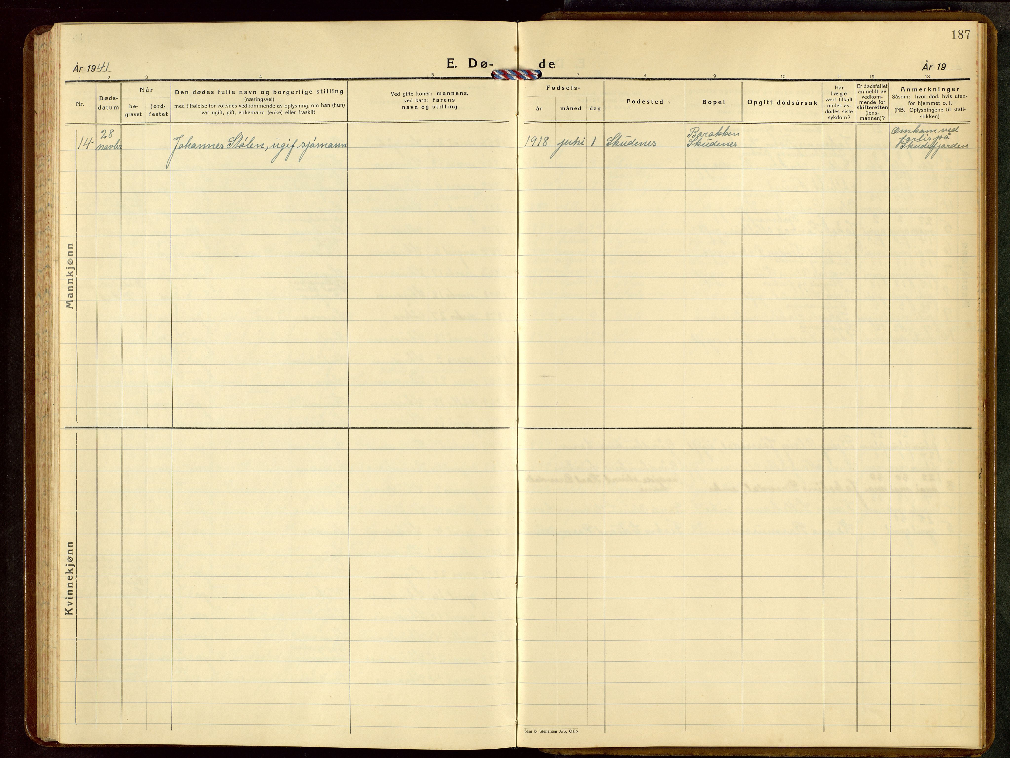 Skudenes sokneprestkontor, AV/SAST-A -101849/H/Ha/Hab/L0013: Parish register (copy) no. B 13, 1937-1954, p. 187