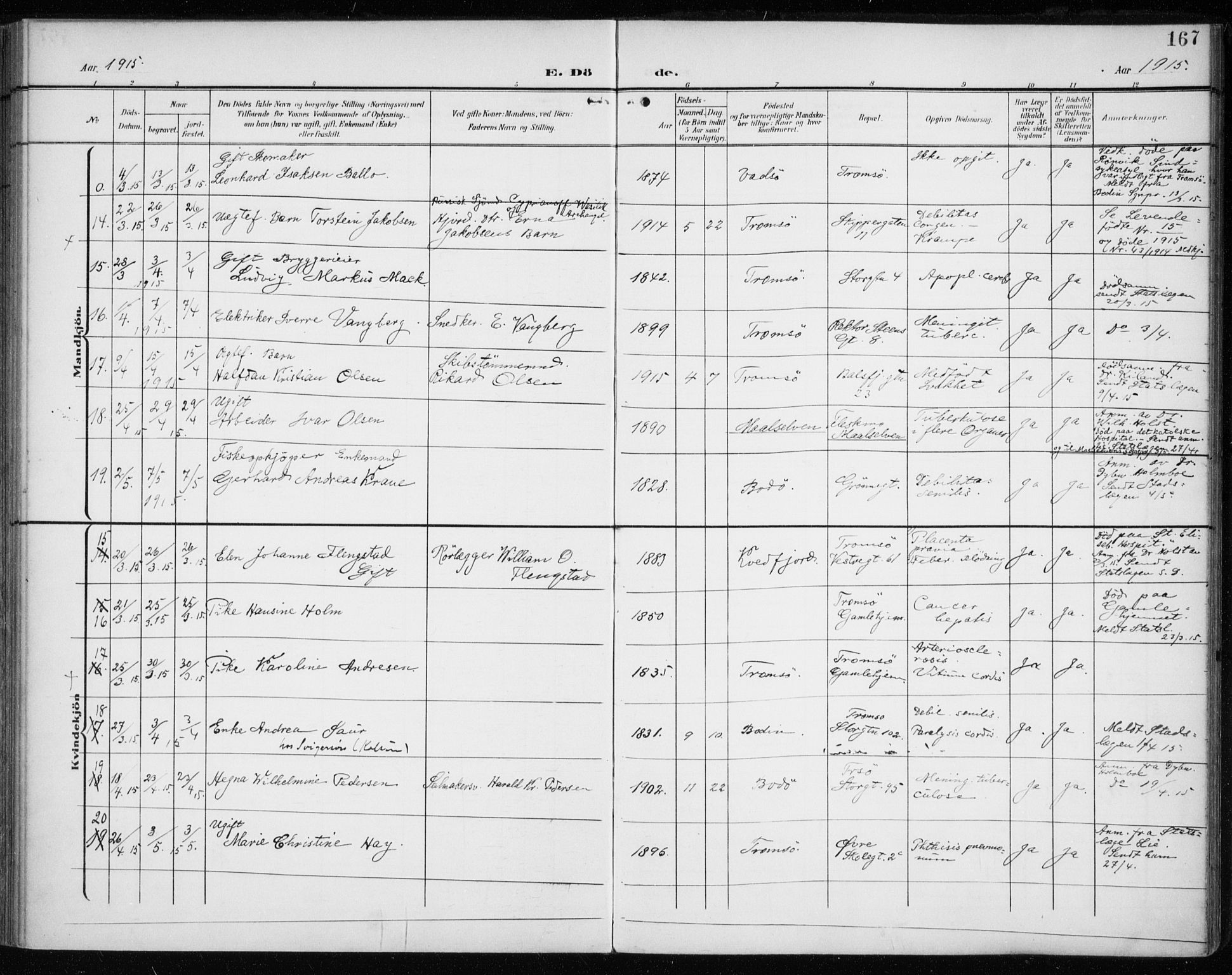 Tromsø sokneprestkontor/stiftsprosti/domprosti, AV/SATØ-S-1343/G/Ga/L0018kirke: Parish register (official) no. 18, 1907-1917, p. 167