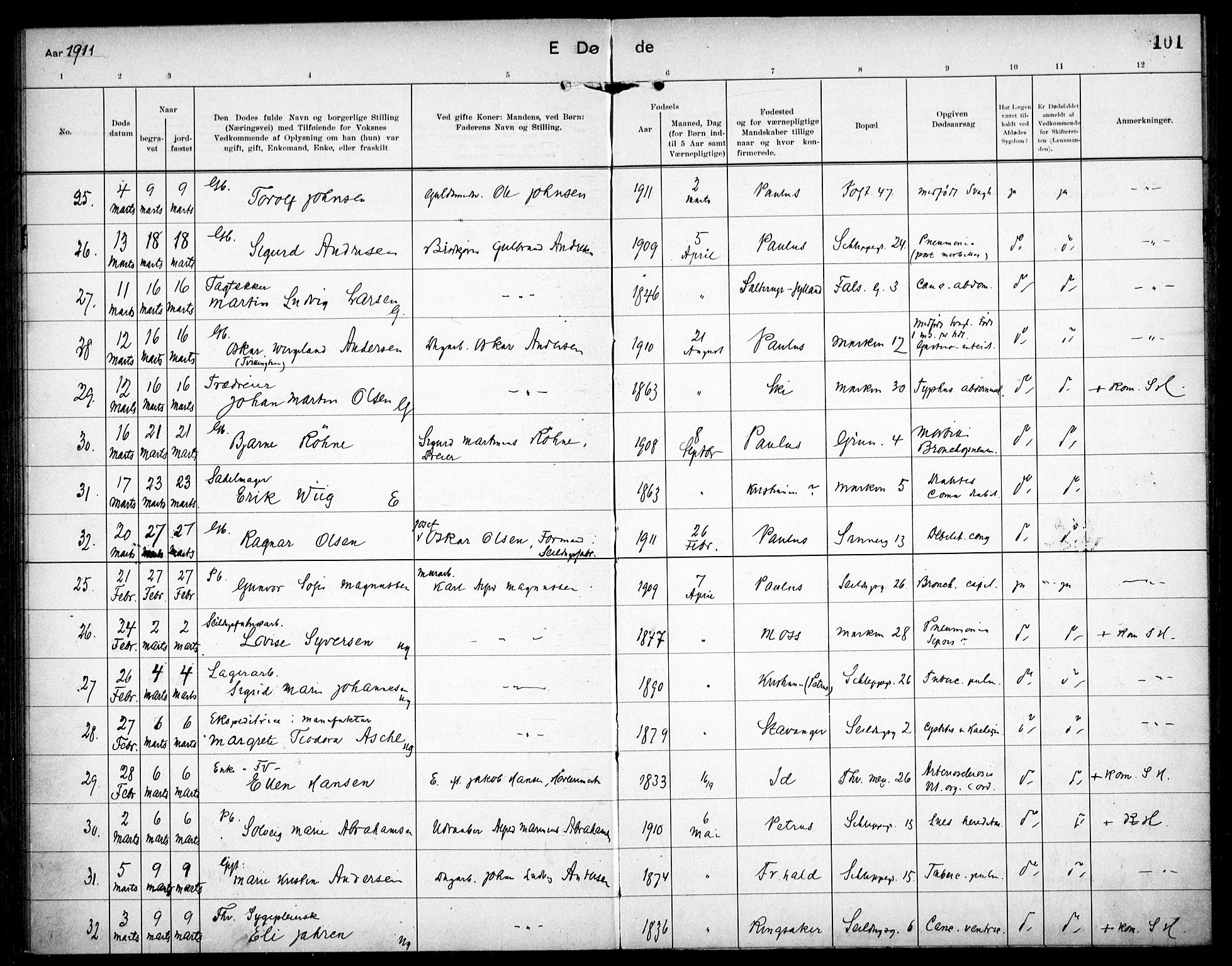 Paulus prestekontor Kirkebøker, AV/SAO-A-10871/F/Fa/L0018: Parish register (official) no. 18, 1906-1915, p. 101