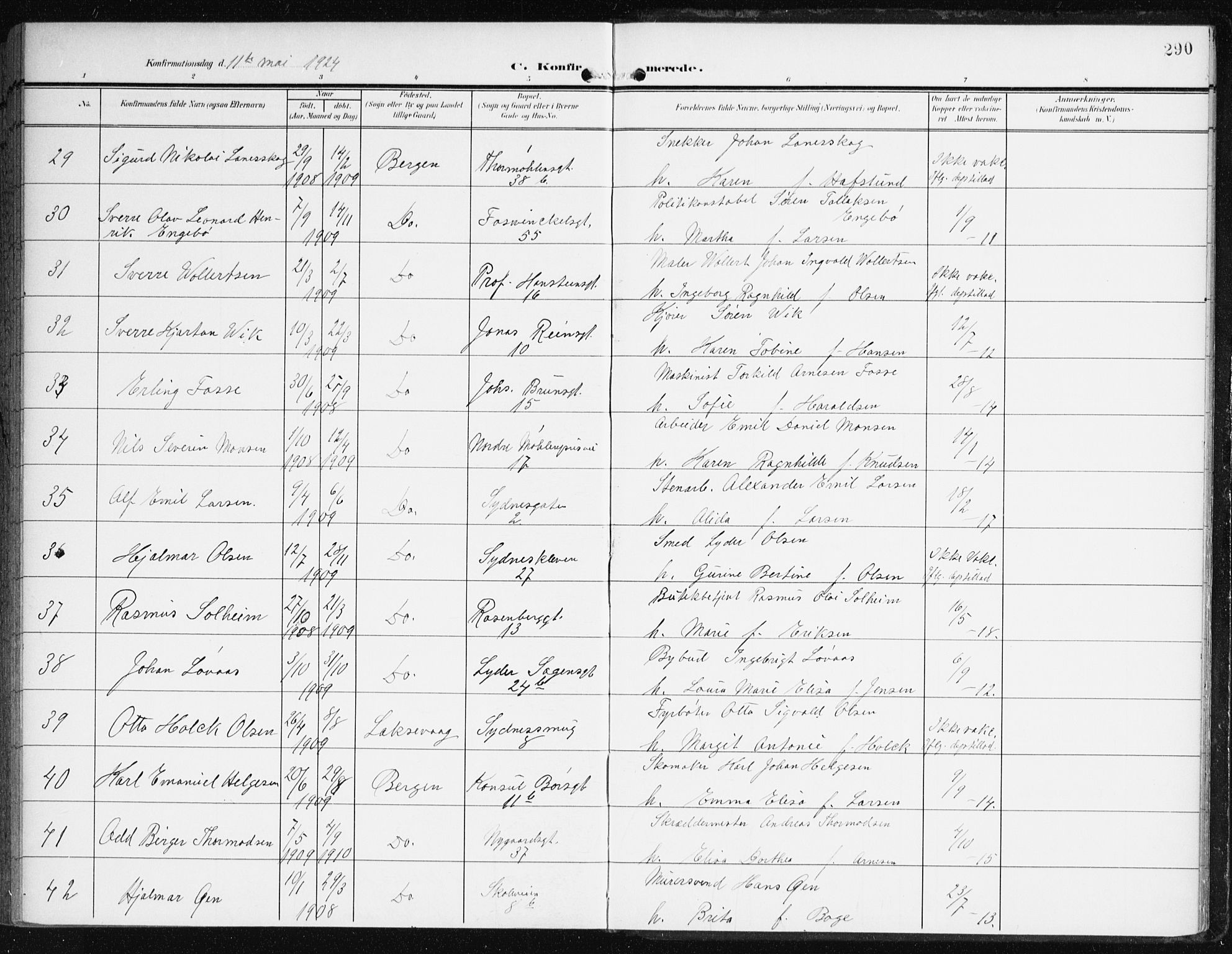 Johanneskirken sokneprestembete, AV/SAB-A-76001/H/Haa/L0009: Parish register (official) no. C 2, 1907-1924, p. 290