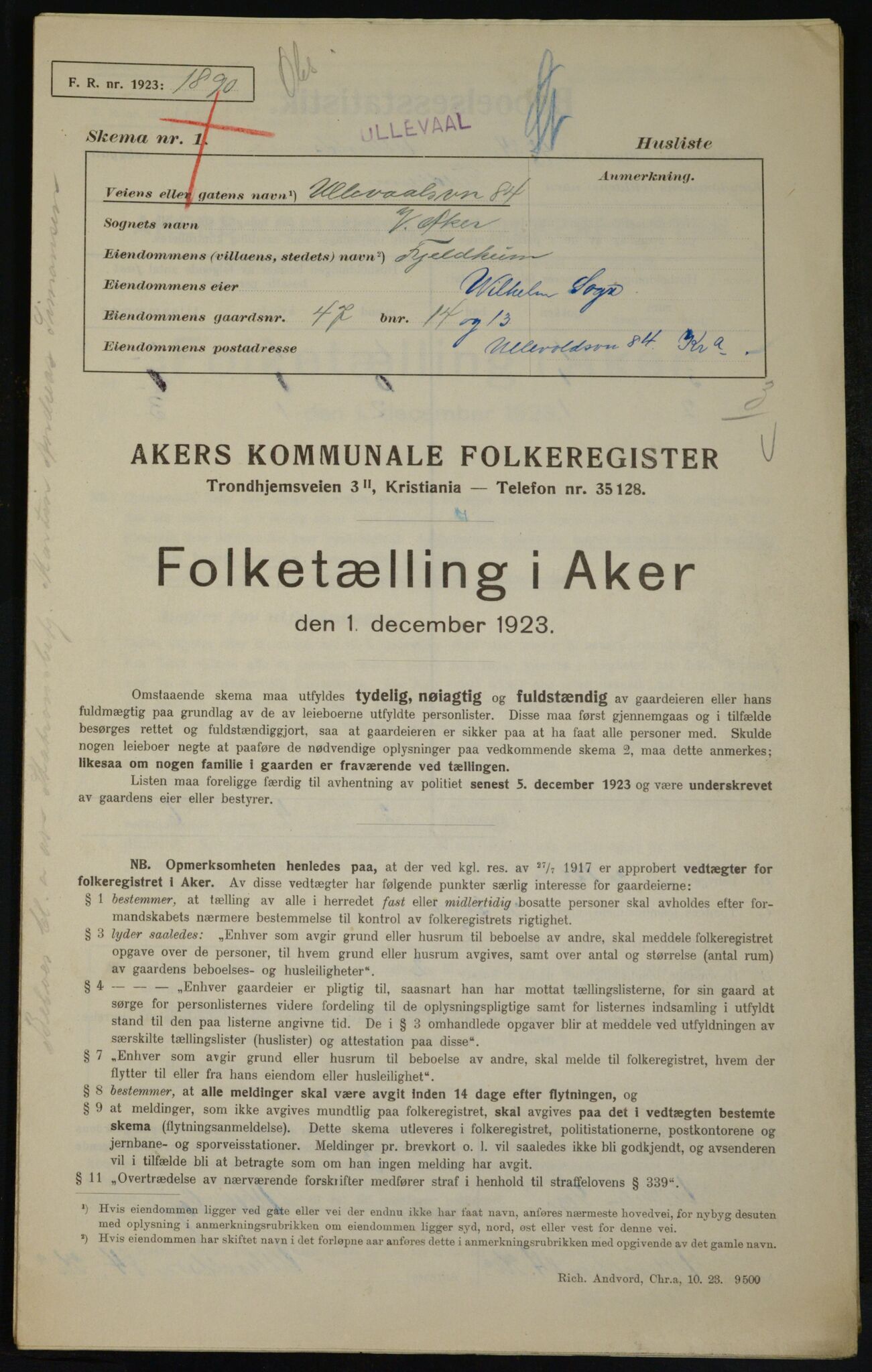 , Municipal Census 1923 for Aker, 1923, p. 20284