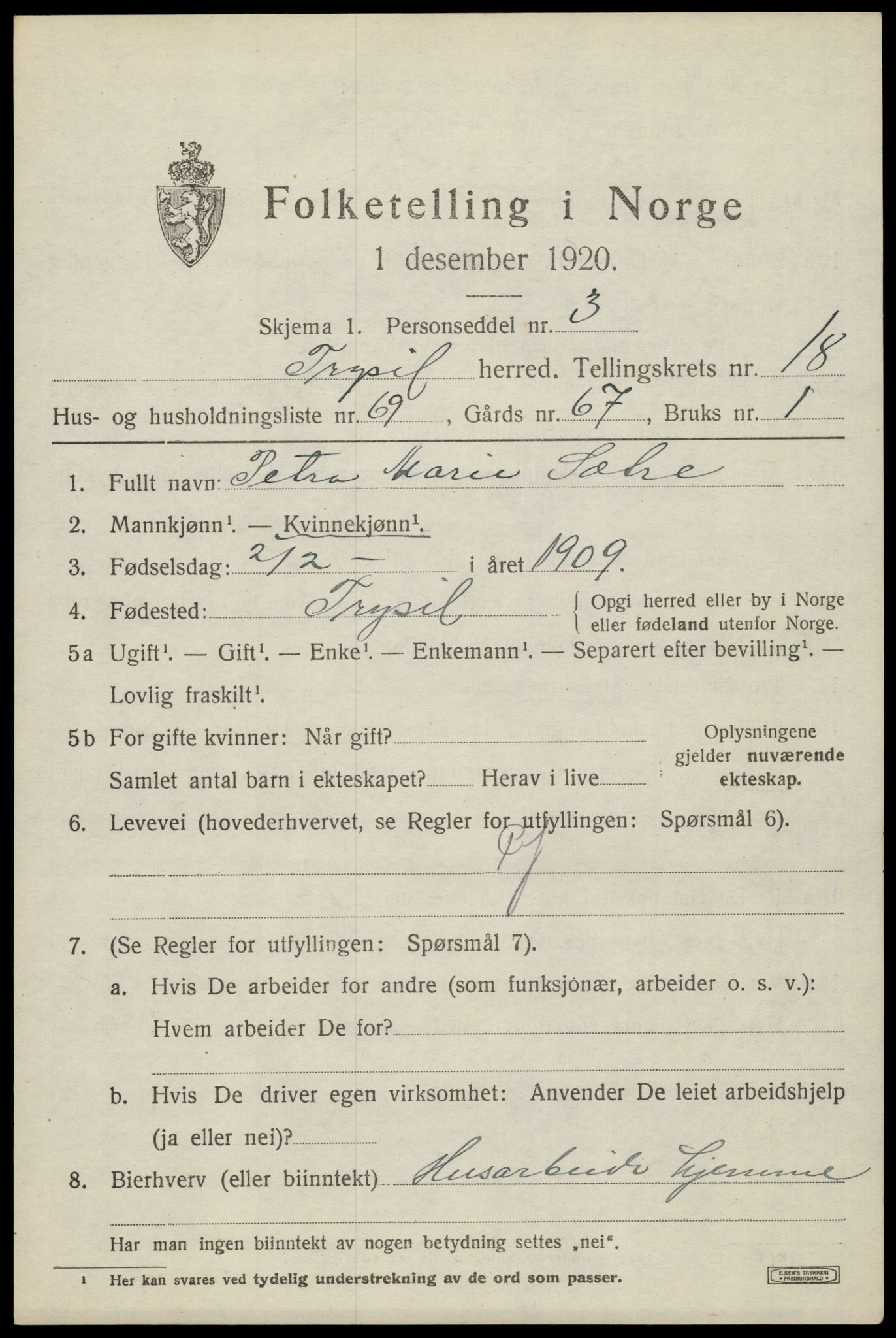 SAH, 1920 census for Trysil, 1920, p. 12593