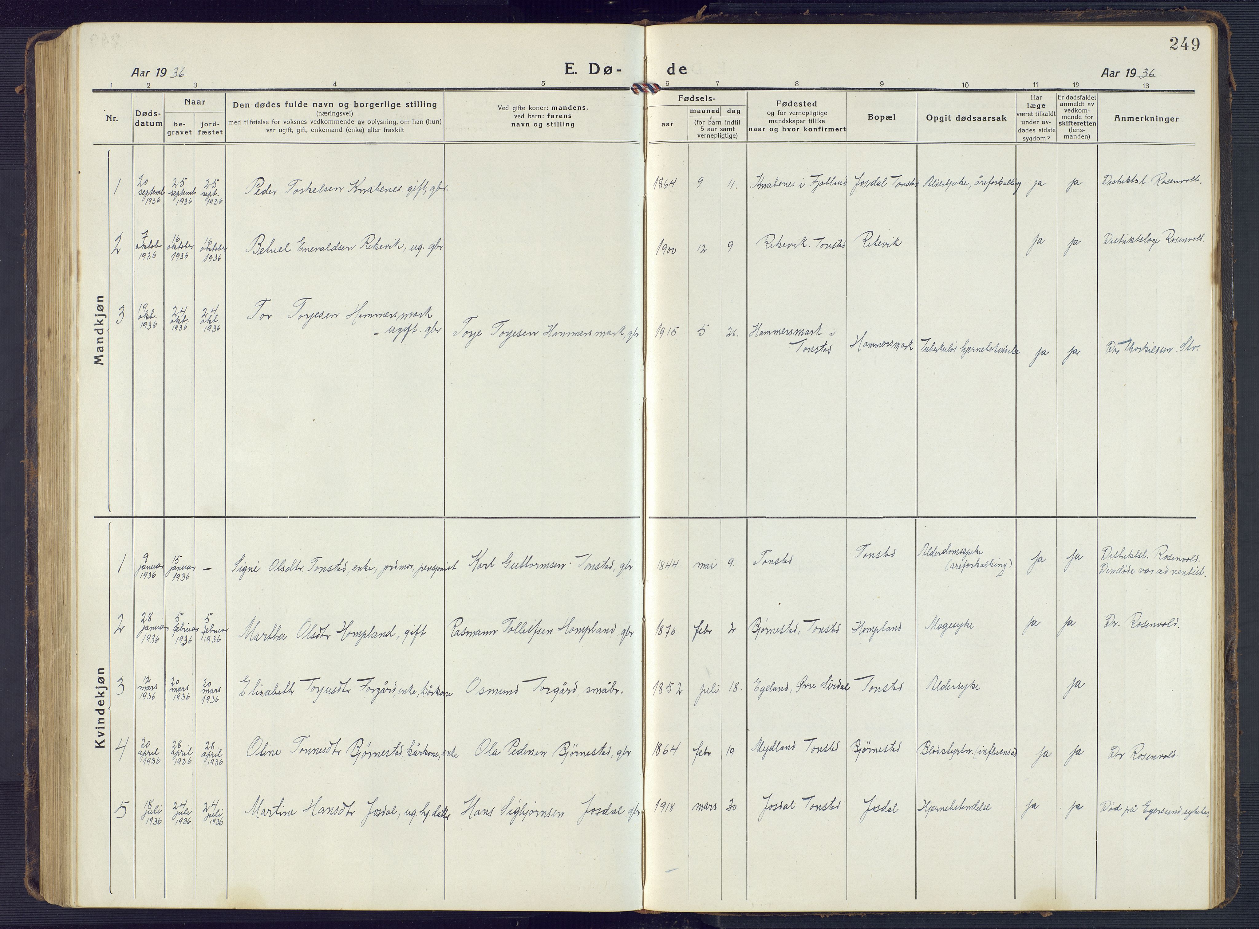 Sirdal sokneprestkontor, SAK/1111-0036/F/Fb/Fbb/L0005: Parish register (copy) no. B 5, 1916-1960, p. 249