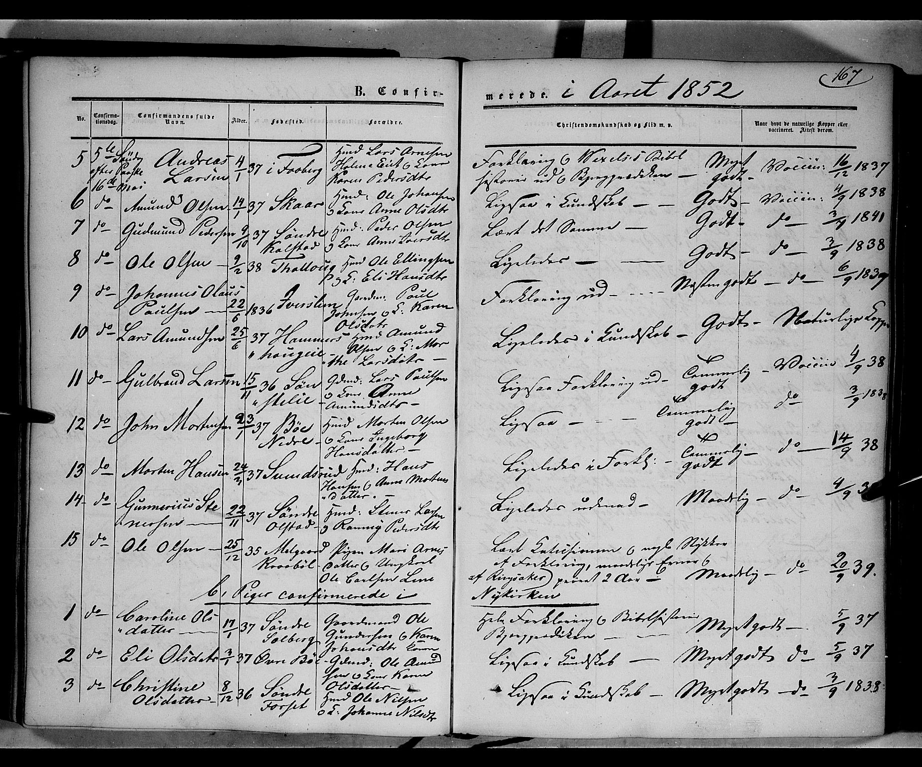 Gausdal prestekontor, SAH/PREST-090/H/Ha/Haa/L0008: Parish register (official) no. 8, 1850-1861, p. 167