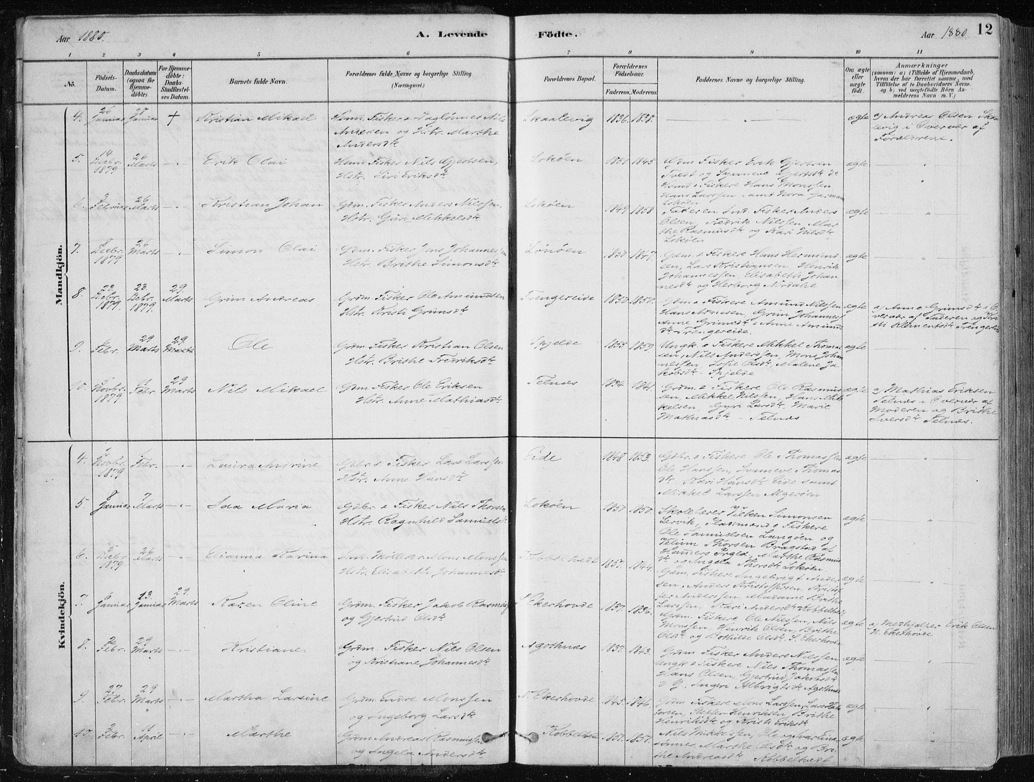 Fjell sokneprestembete, AV/SAB-A-75301/H/Haa: Parish register (official) no. A  8, 1878-1898, p. 12