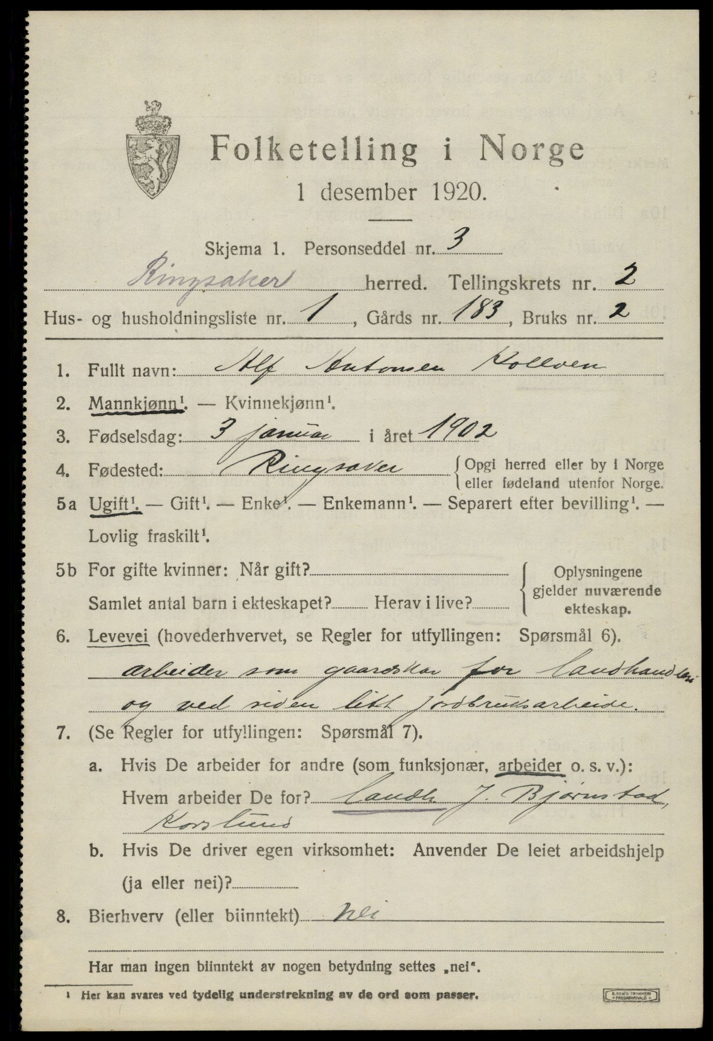 SAH, 1920 census for Ringsaker, 1920, p. 6364