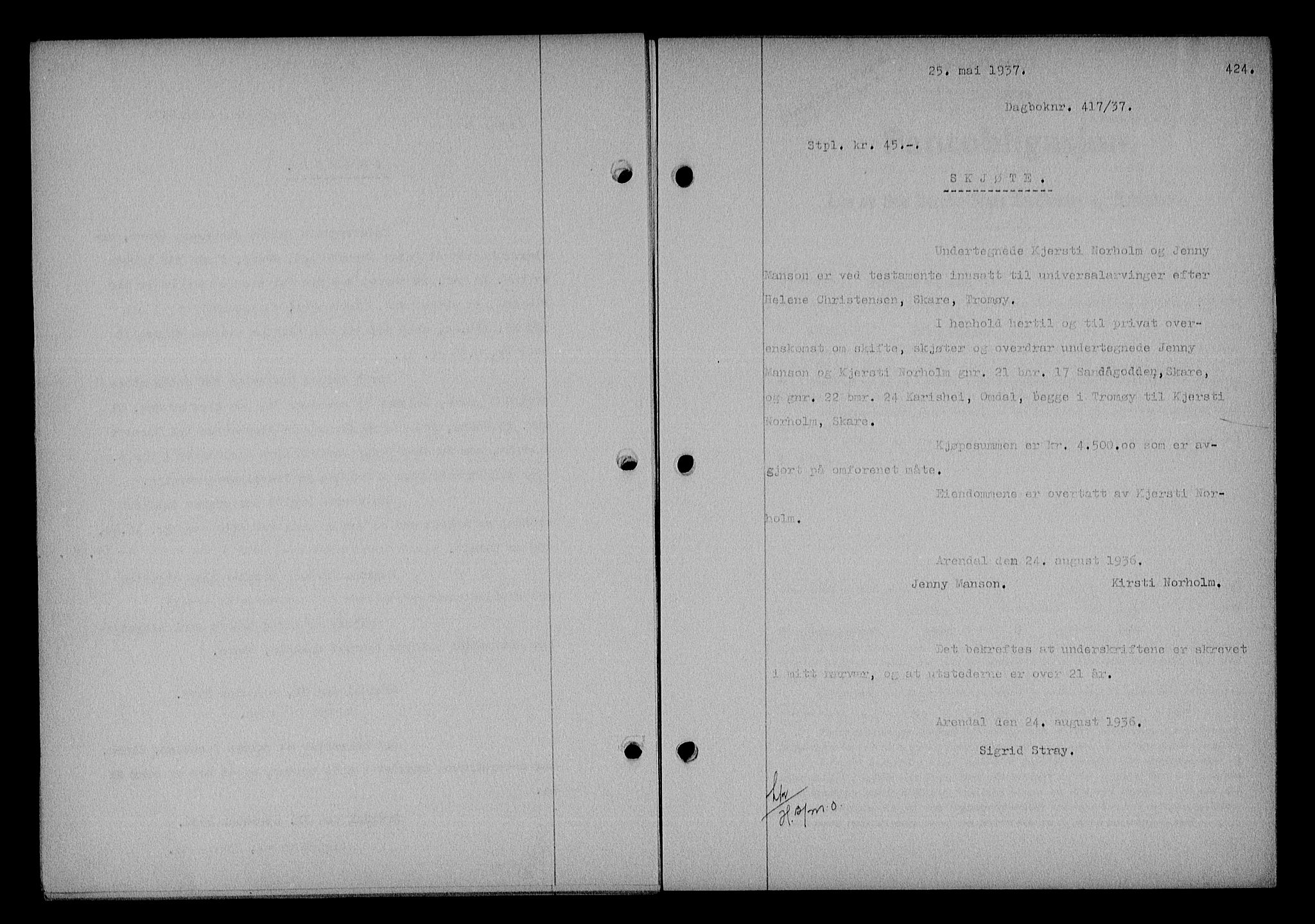 Nedenes sorenskriveri, SAK/1221-0006/G/Gb/Gba/L0043: Mortgage book no. 39, 1936-1937, Diary no: : 417/1937
