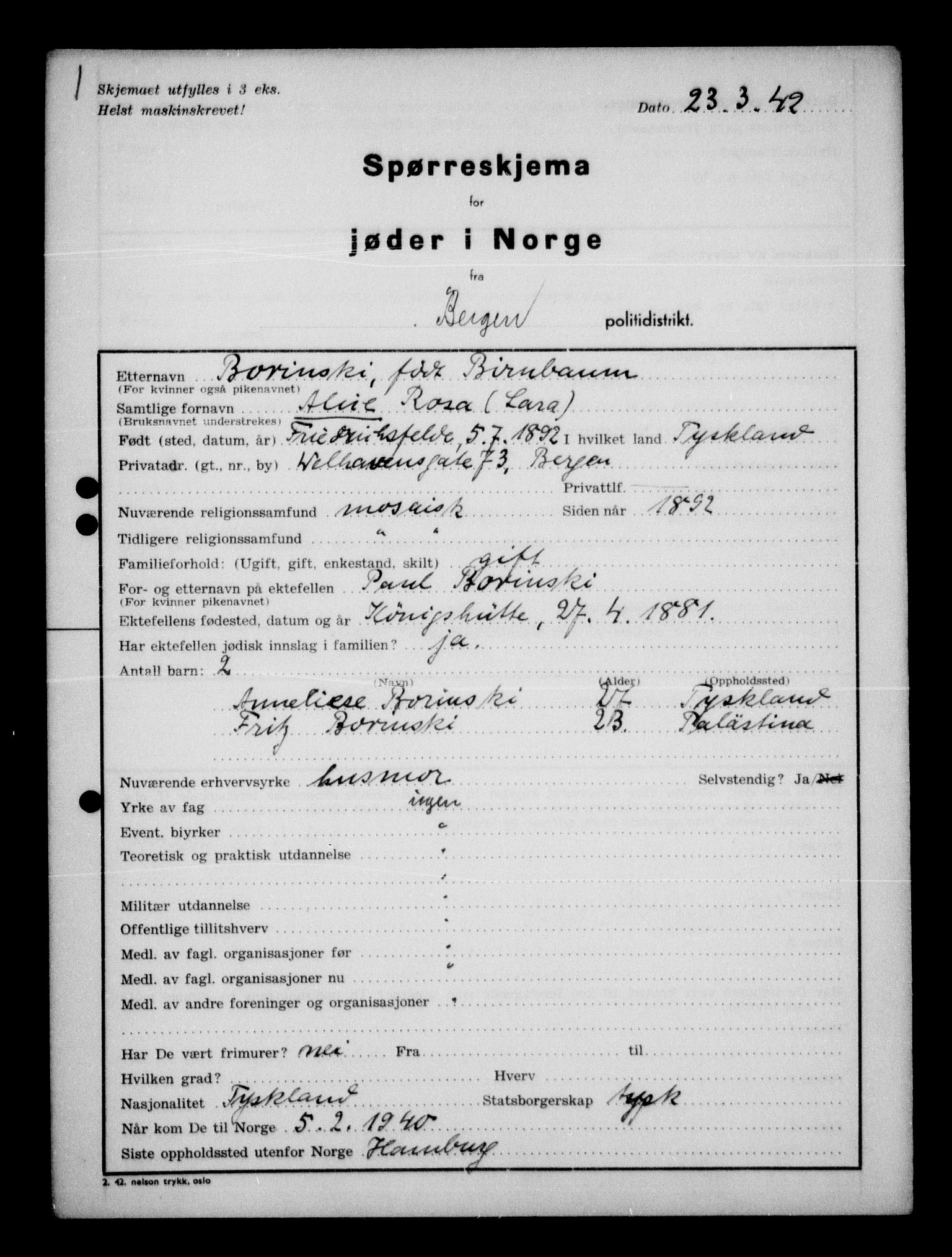 Statspolitiet - Hovedkontoret / Osloavdelingen, AV/RA-S-1329/G/Ga/L0012: Spørreskjema for jøder i Norge. 1: Aker 114- 207 (Levinson-Wozak) og 656 (Salomon). 2: Arendal-Hordaland. 3: Horten-Romerike.  , 1942, p. 309