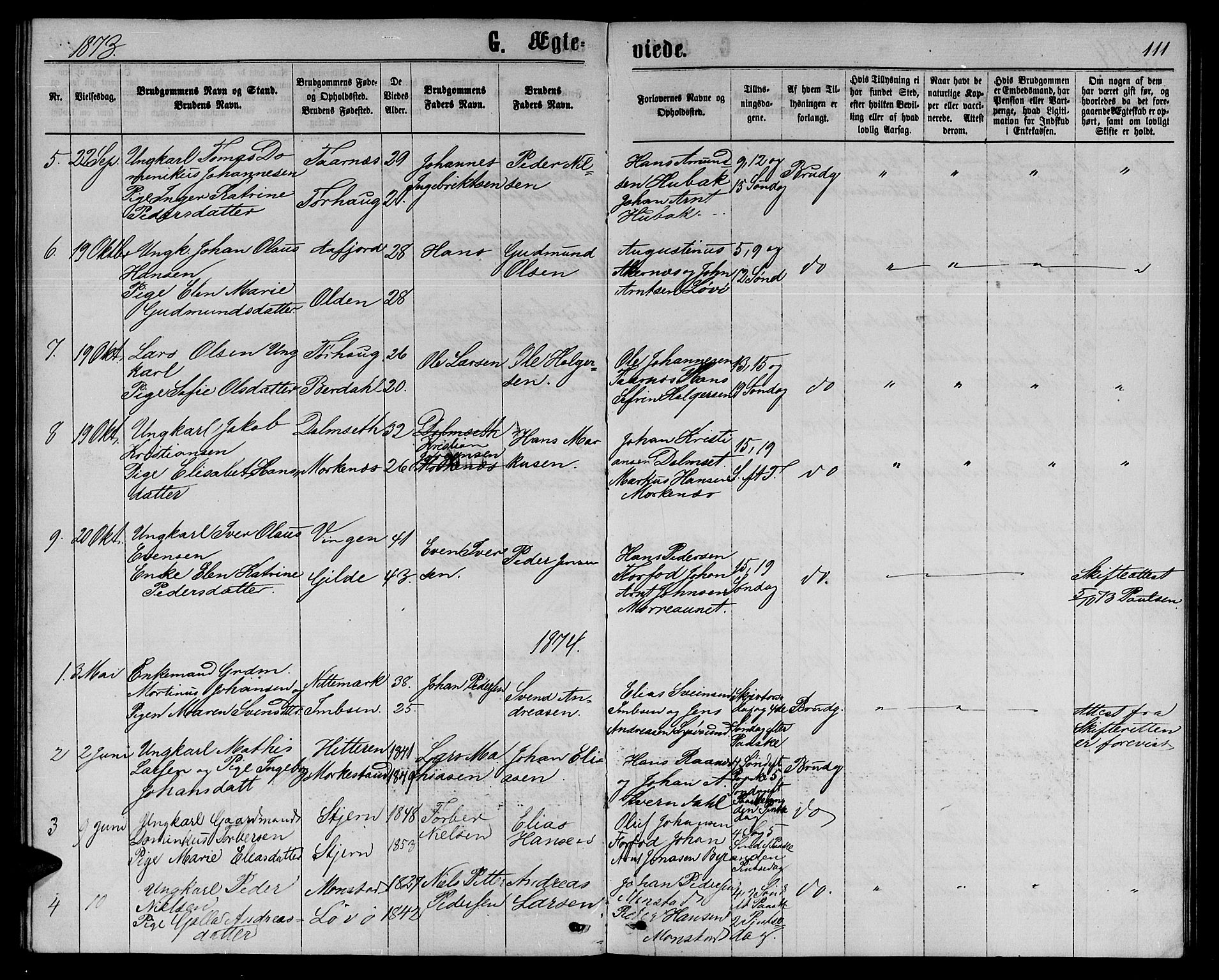 Ministerialprotokoller, klokkerbøker og fødselsregistre - Sør-Trøndelag, SAT/A-1456/655/L0686: Parish register (copy) no. 655C02, 1866-1879, p. 111