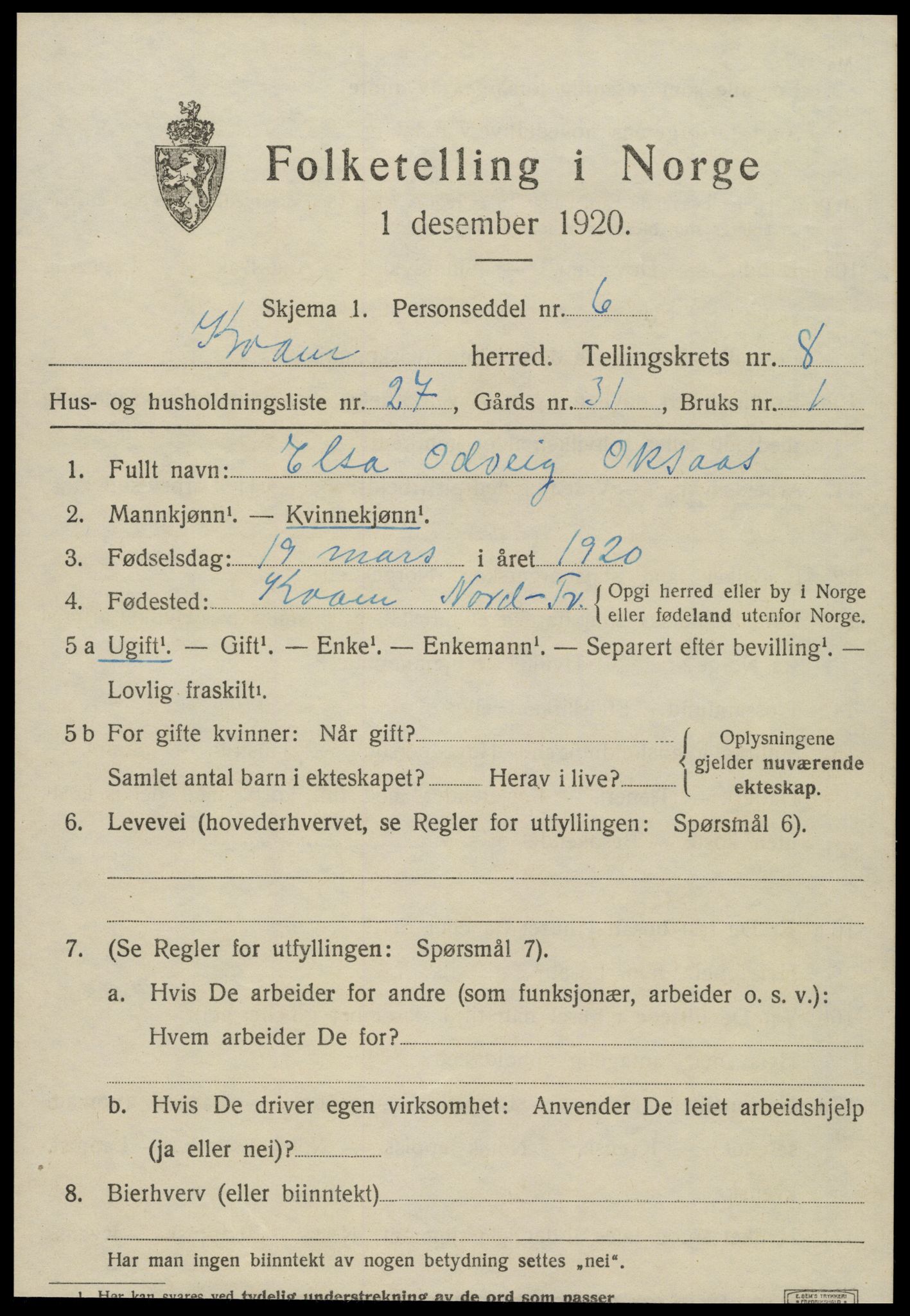 SAT, 1920 census for Kvam, 1920, p. 2289